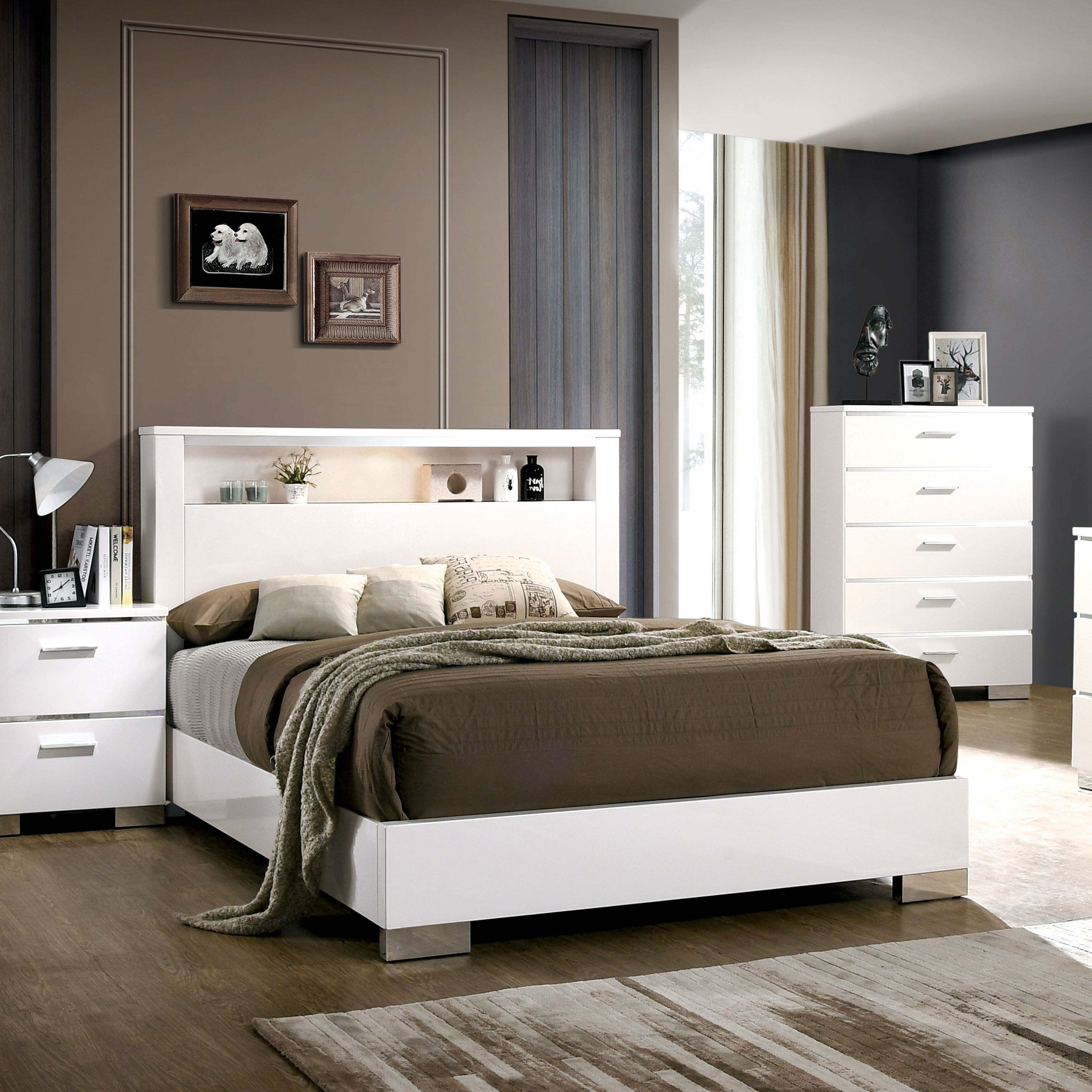King Size Bed with Bookcase Headboard and Built in LED Lights
