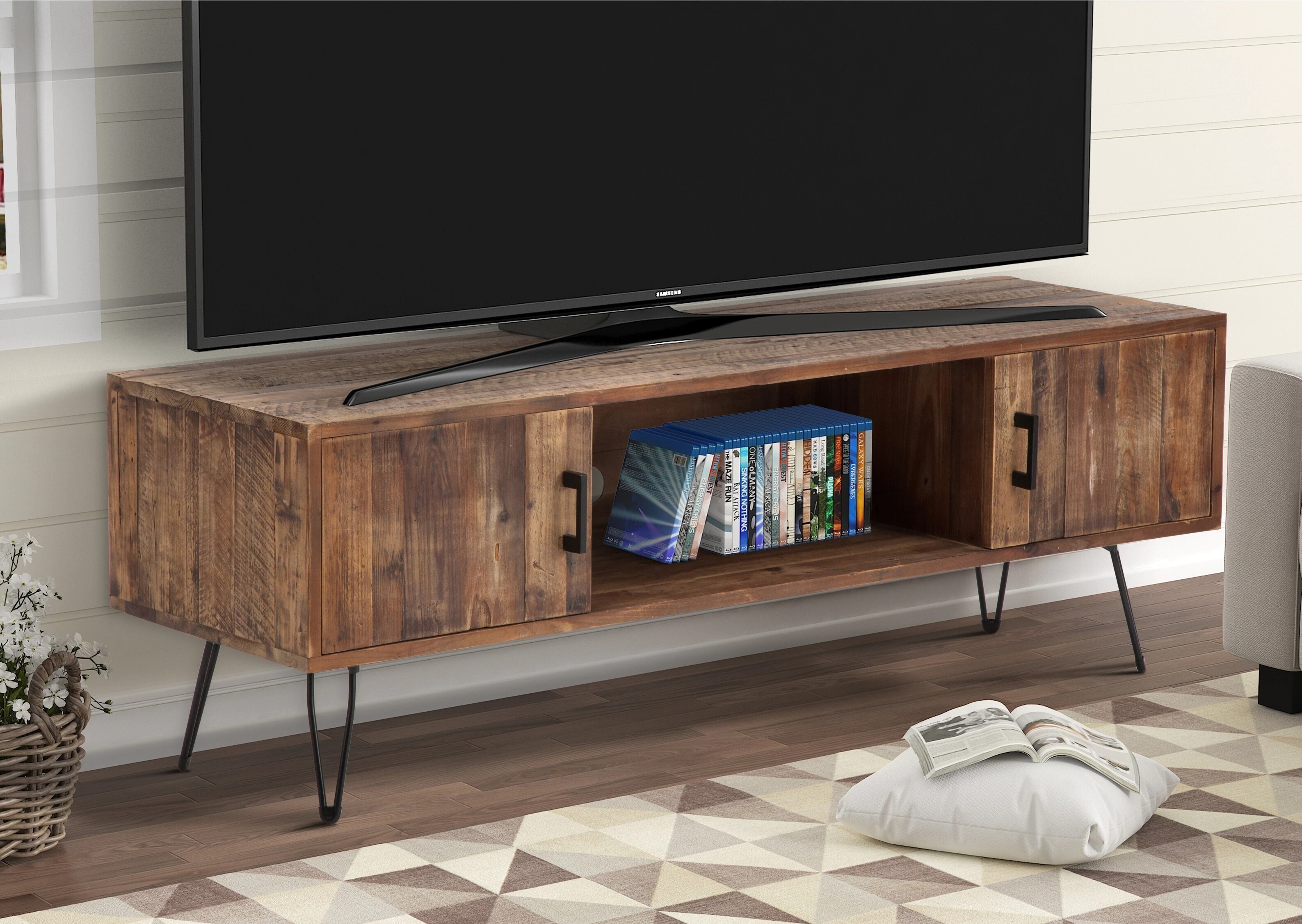 Lifted Wood and Iron Tv Stands With Holes for Cables