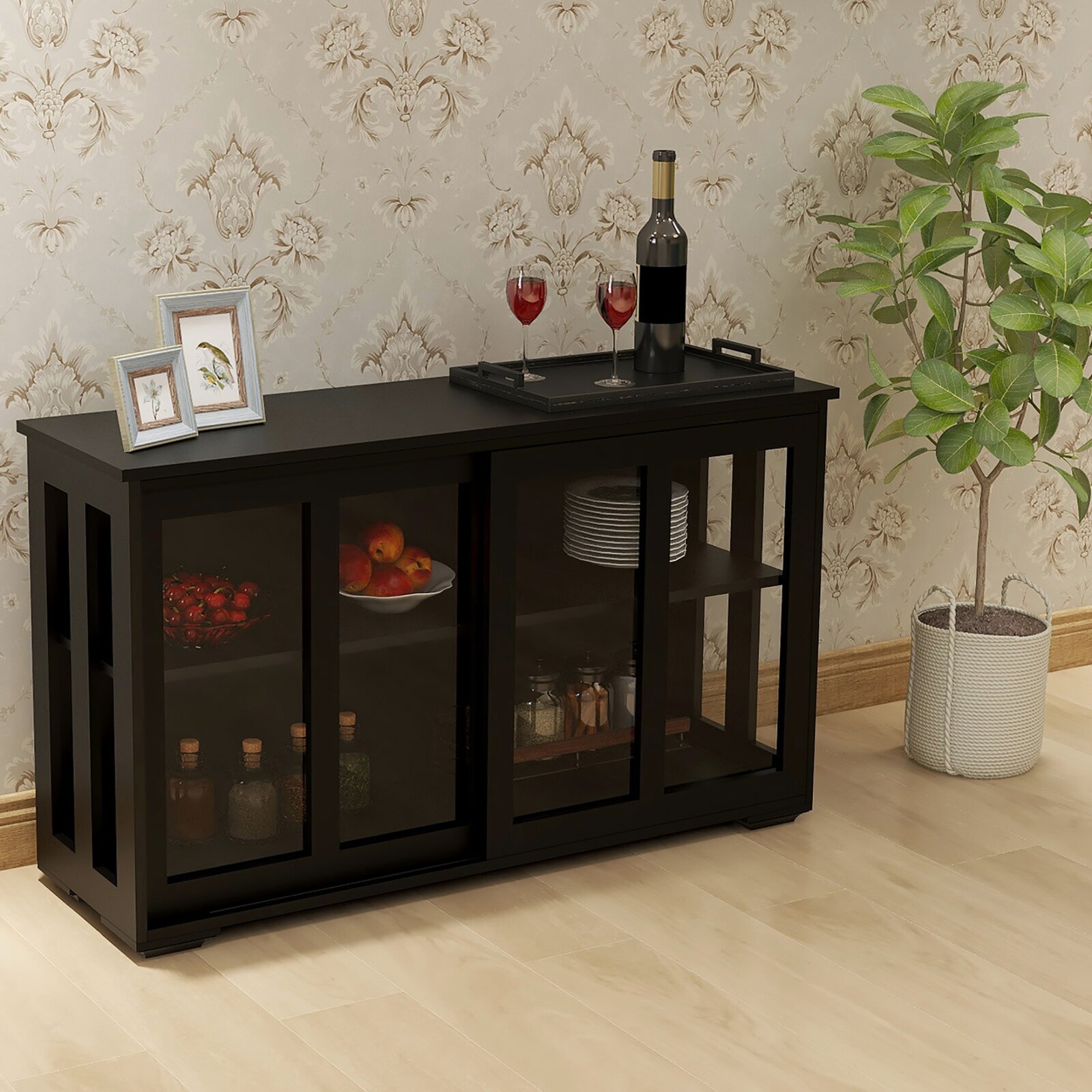 Low, wide bookcase with doors