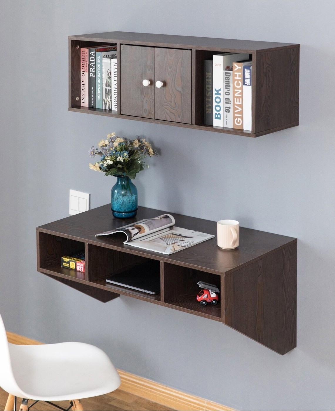 Manufactured Wood Floating Desk with Hutch