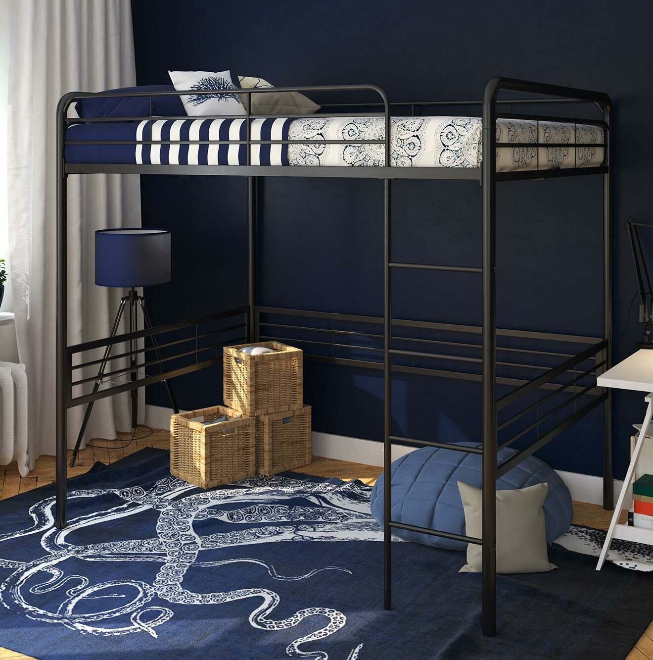 Metal DIY Adult Bunk Bed with Desk Space and Vertical Attached Ladder