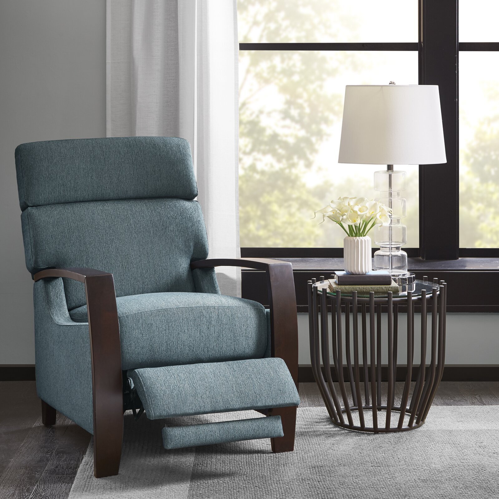 Mid Century Modern Push Back Recliner Chair with Wood Arms