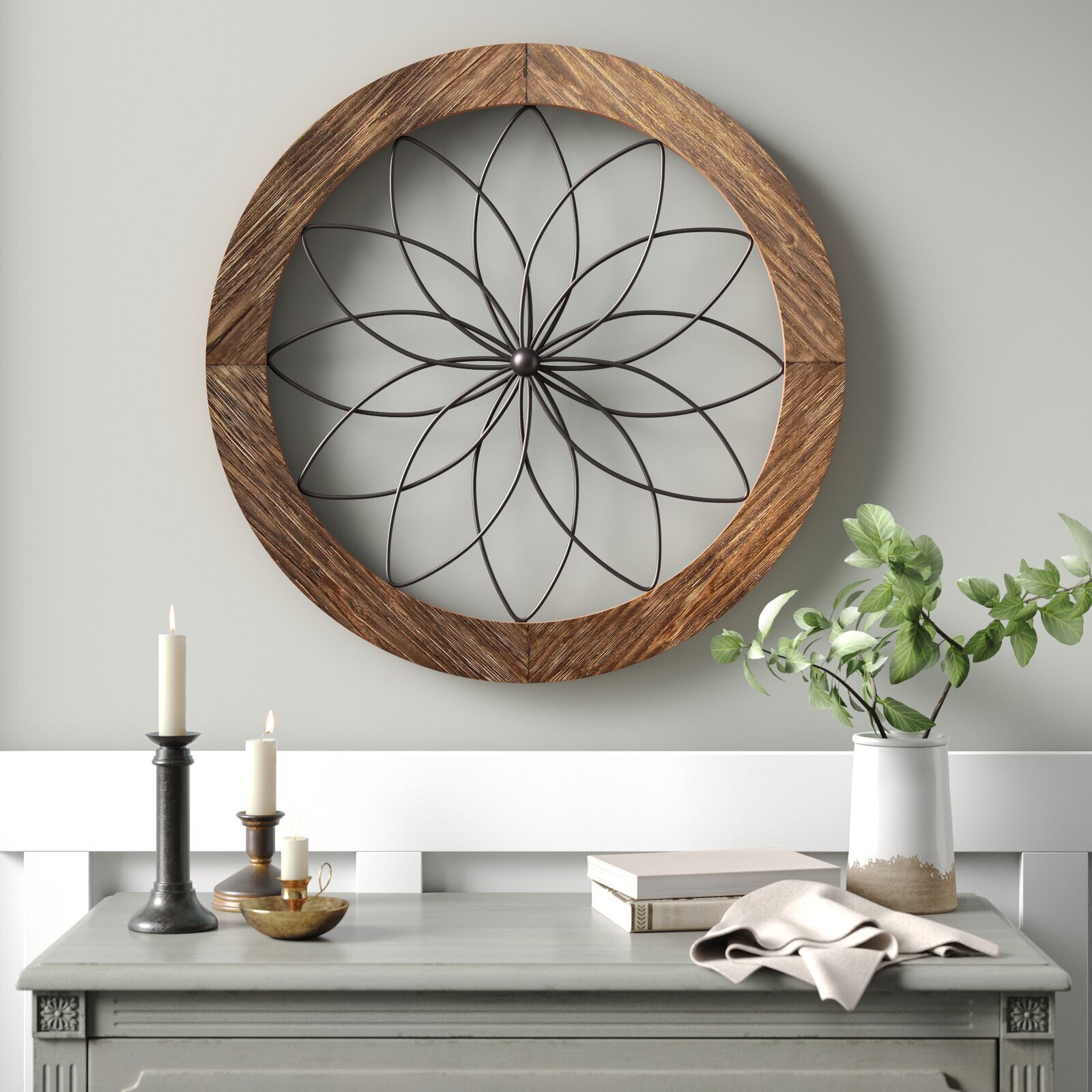 Mixed materials wood and metal circle art