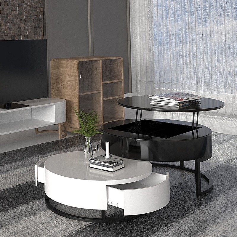 Modern Black and White Rounded Adjustable Coffee Table