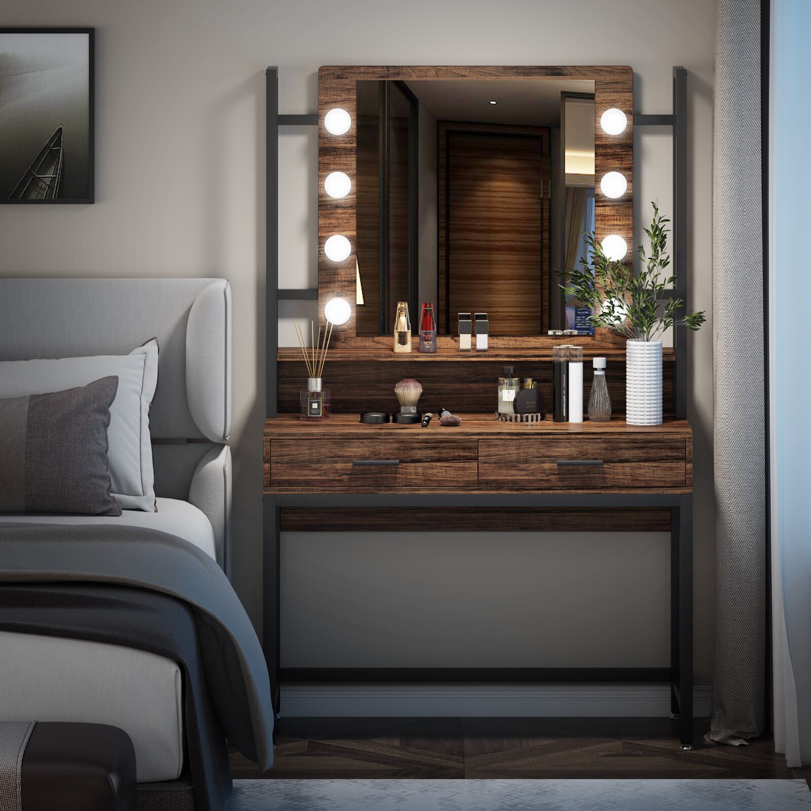 Modern Industrial Makeup Vanity with Lighted Mirror