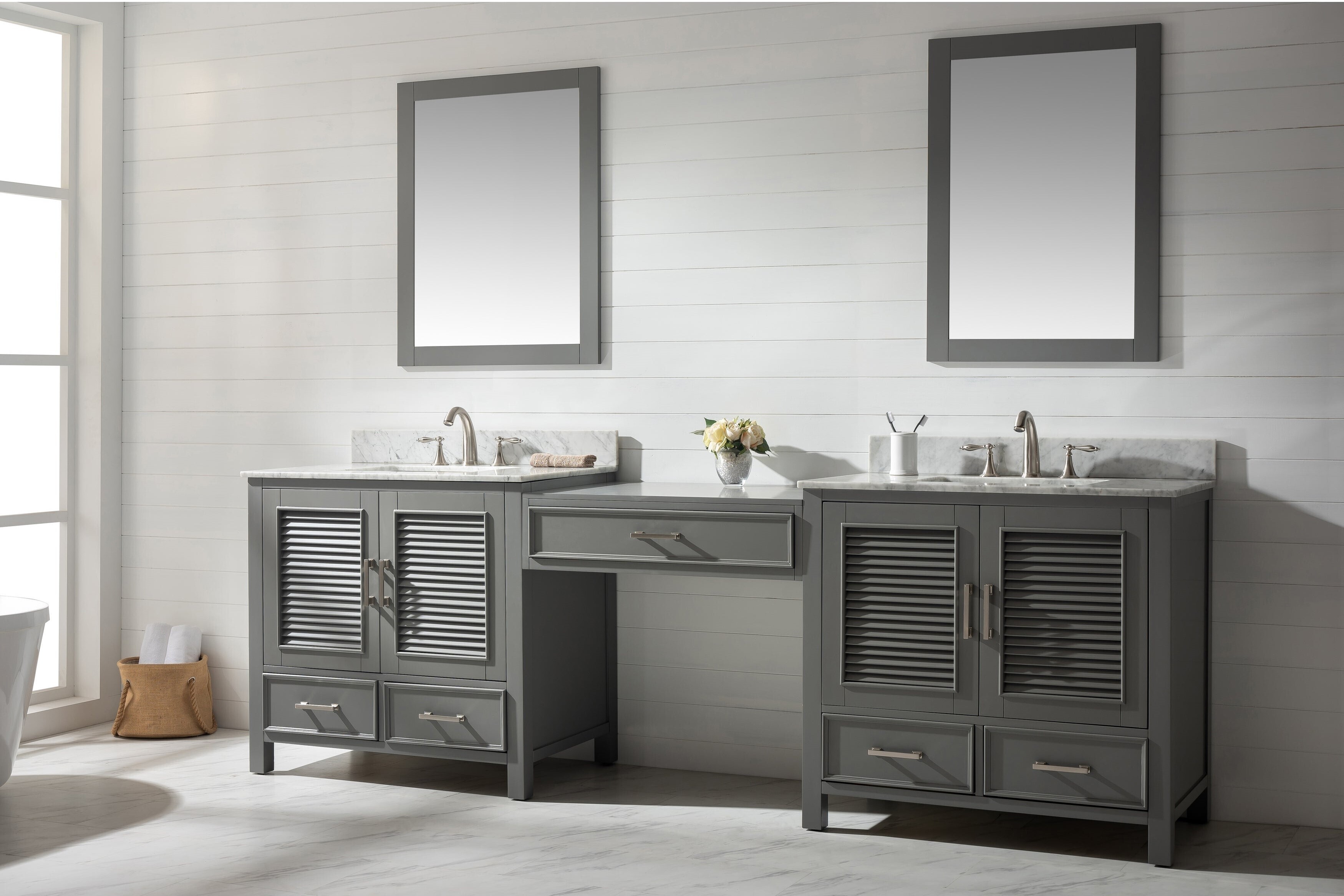 Modest Double Sink Bathroom Vanity with Makeup Table and Double door Cabinets