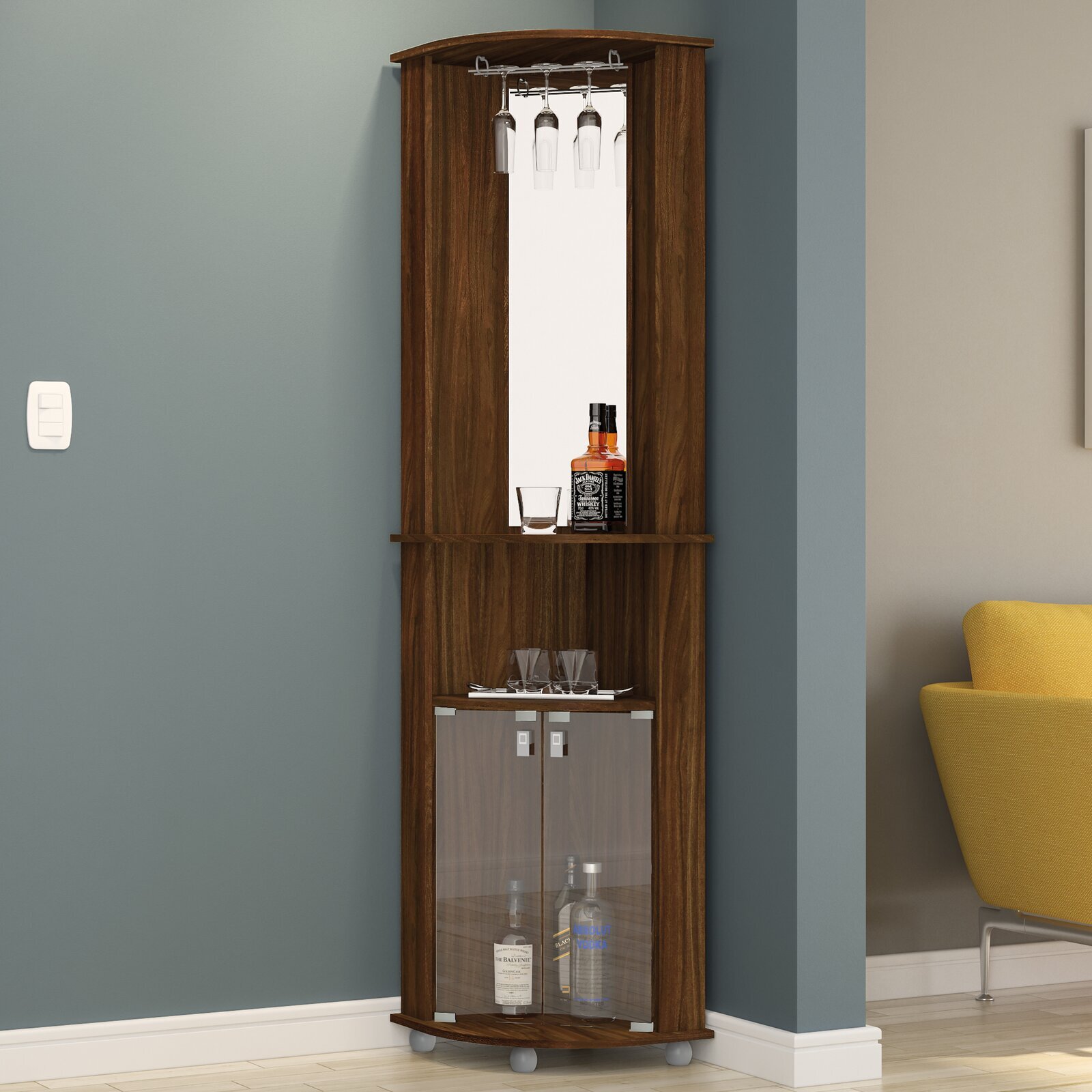 Narrow corner mini bar in living room with mirrors