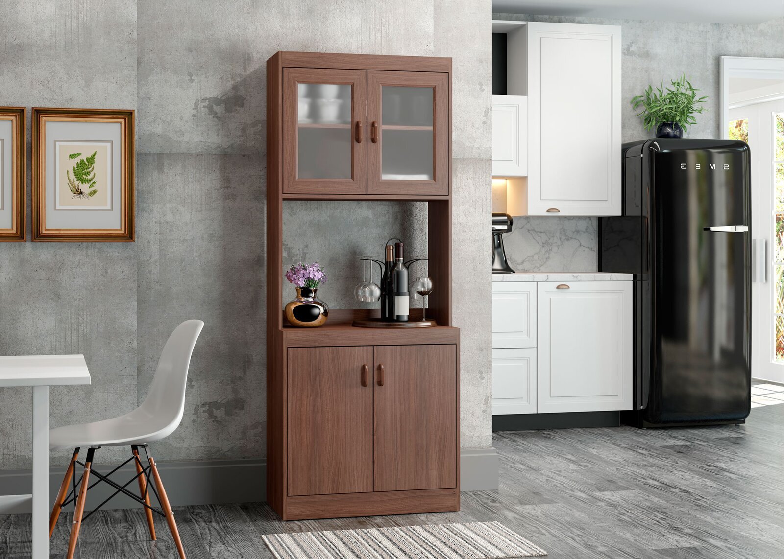 Oak Kitchen Pantry with Microwave Shelf