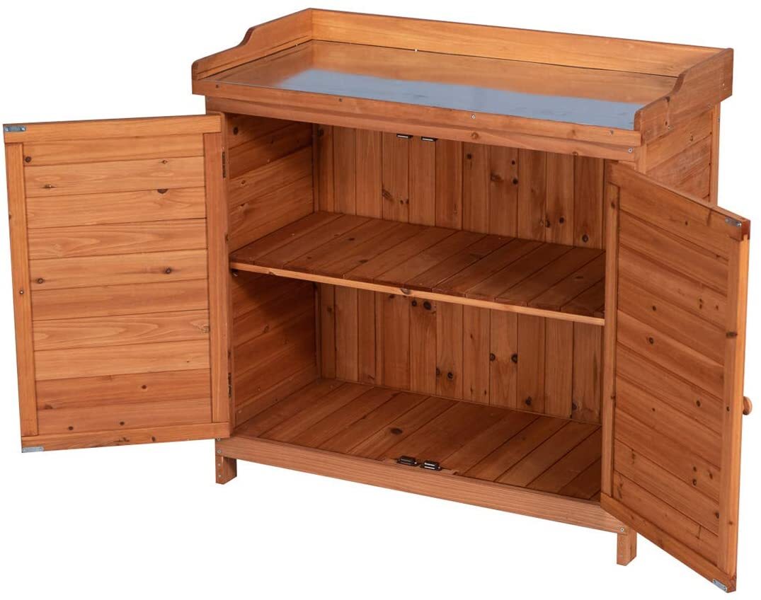 Outdoor Solid Wood Storage Box With Aluminum Workbench Top
