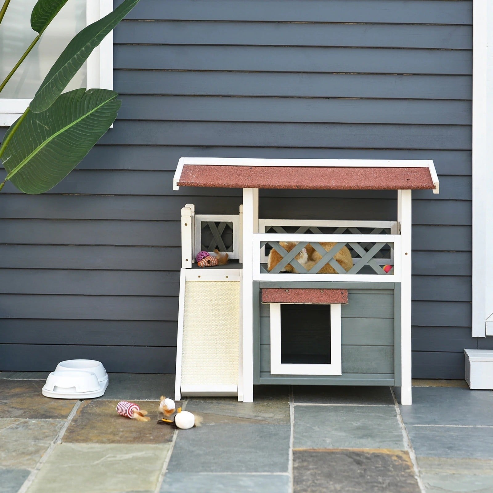 PawHut 2 Story Solid Wood Cat House Condo Shelter with Sisal Ramp