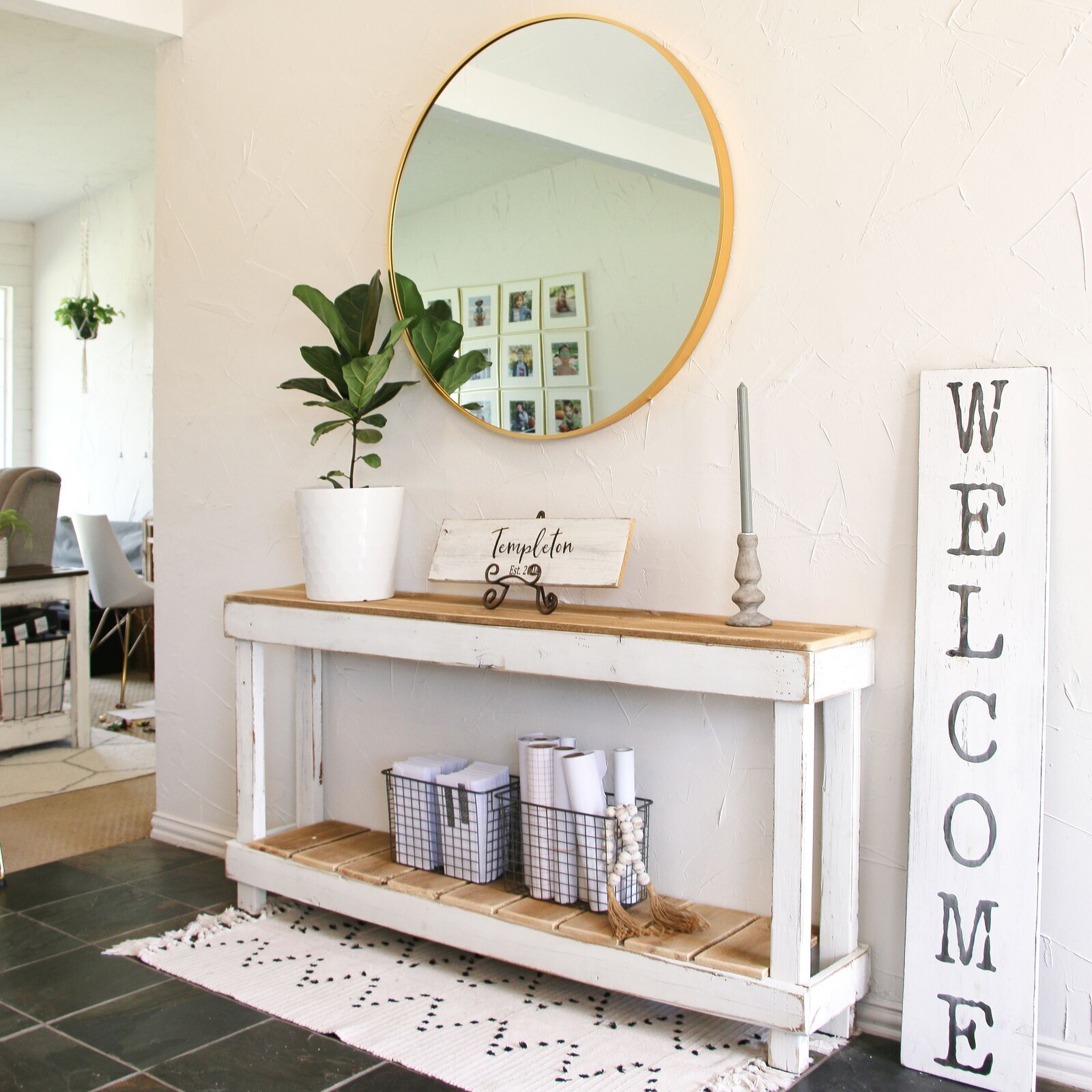 Rustic or farmhouse thin table behind couch