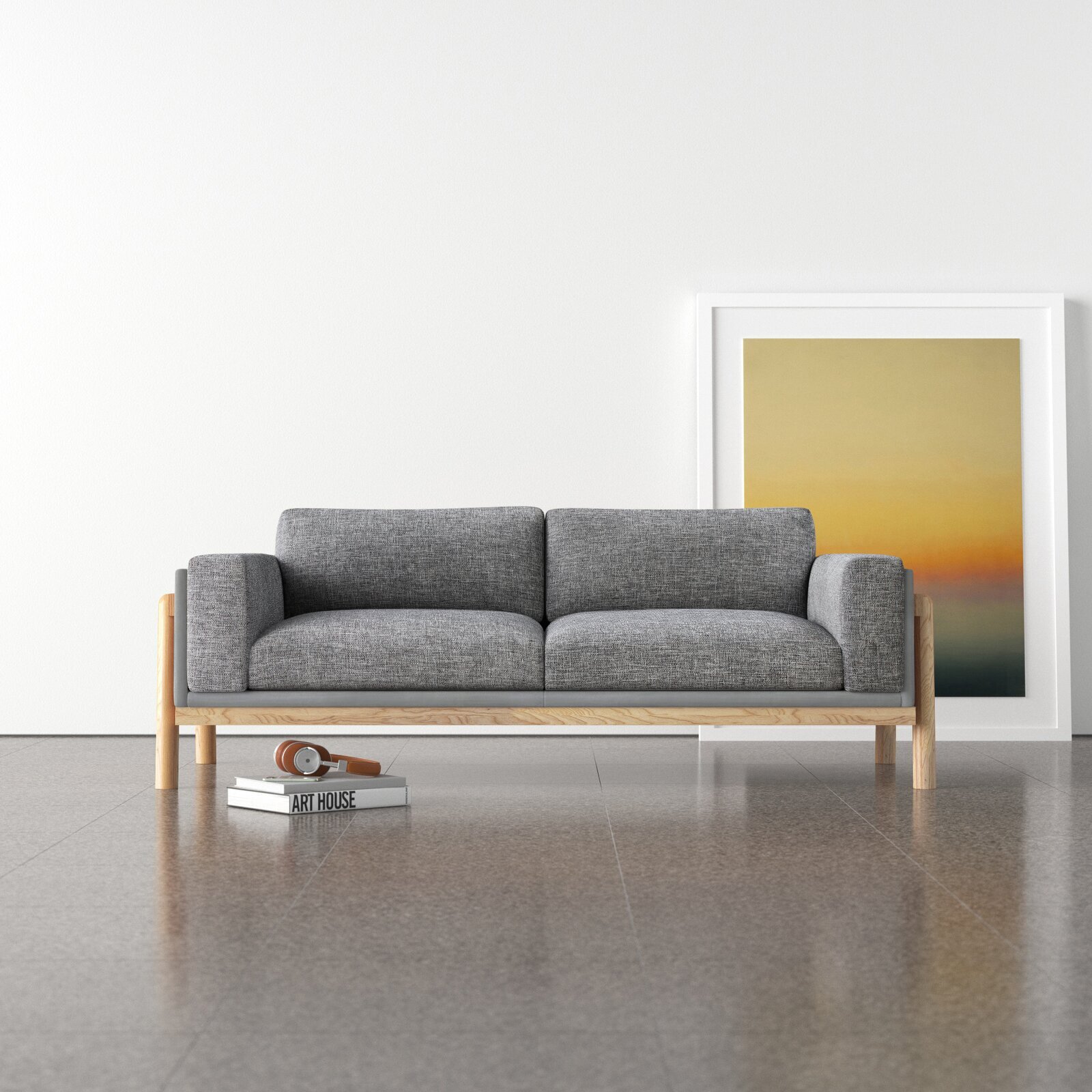 Scandinavian Grey Leather Couch With Fabric Cushions