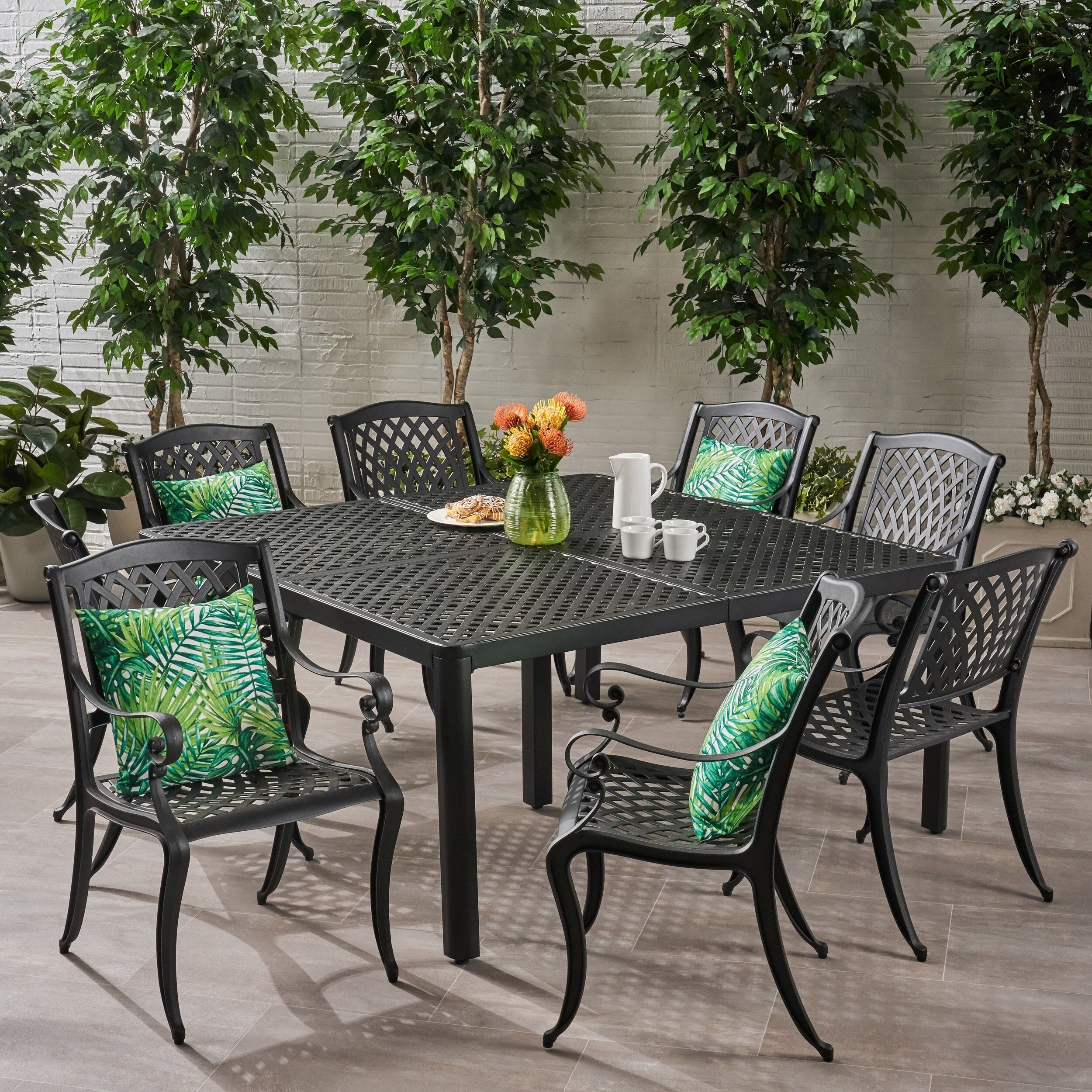 Spacious 9 Piece Matte Black Cast Iron Table and Chairs
