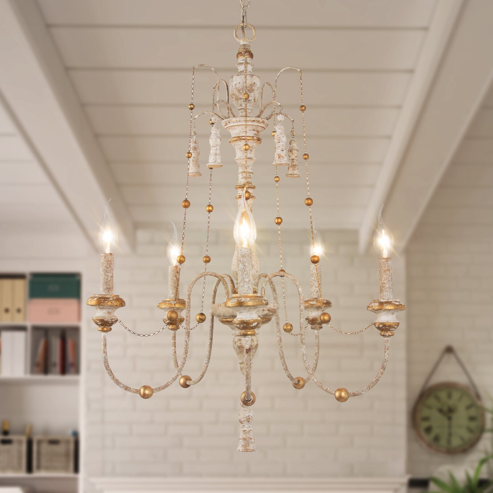 Spindle Arm Candle Chandelier with Beaded Strings
