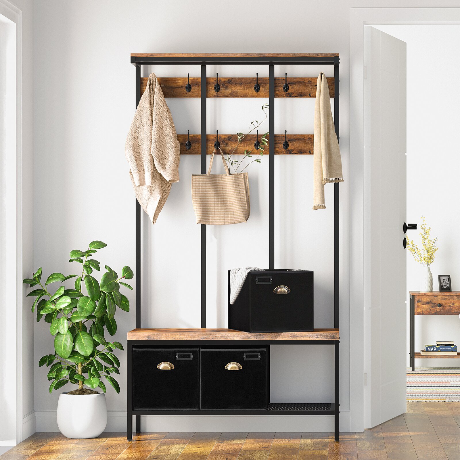 The industrial, open concept hallway coat storage 