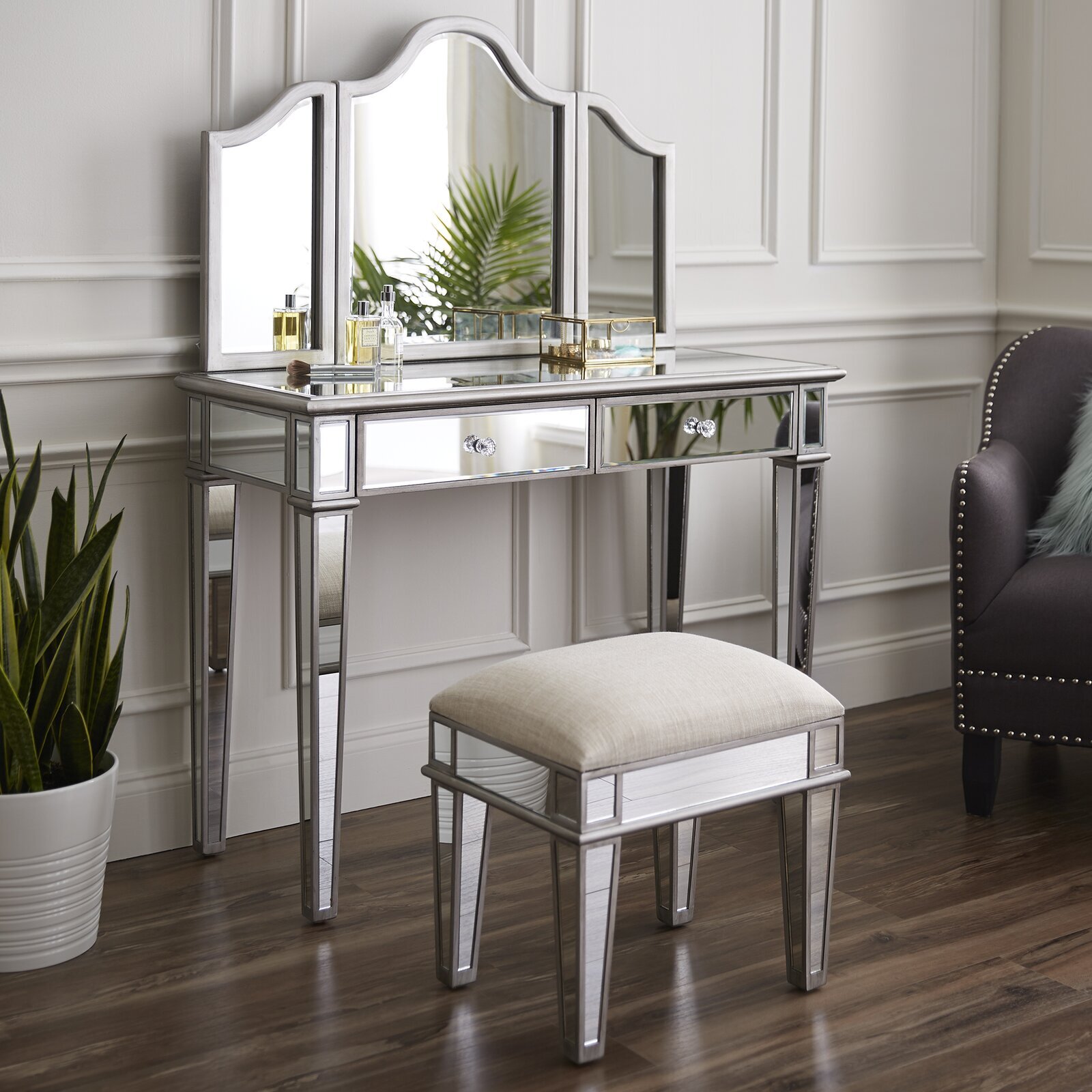Three Piece Mirrored Vanity Set