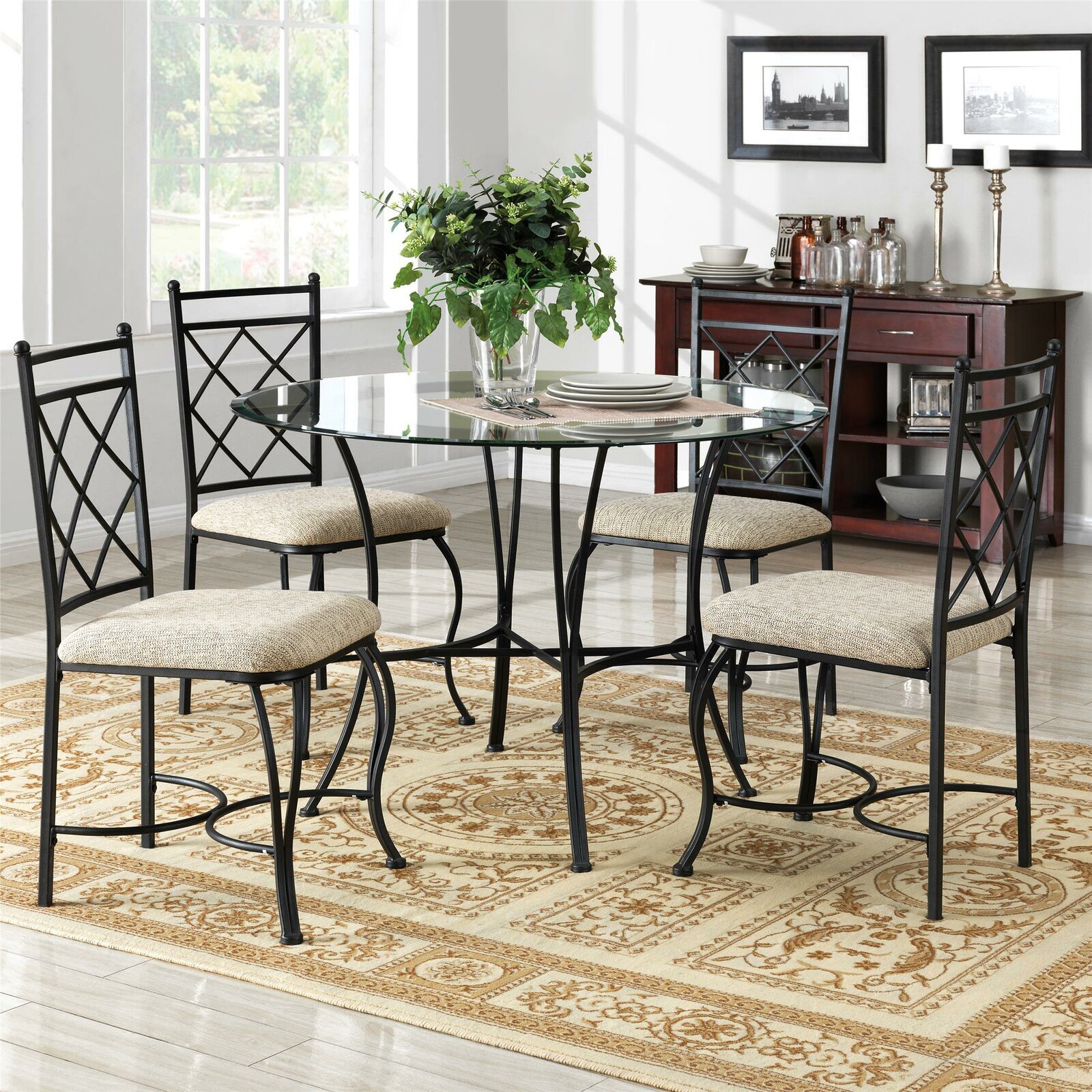 Traditional dining table set with glass and steel construction
