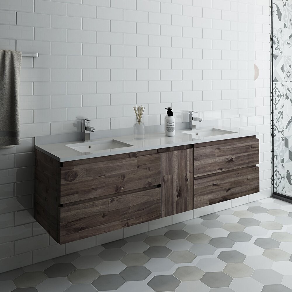 Wall mounted Double Vanity with Makeup Area, Sunken Basins, and Four Drawers