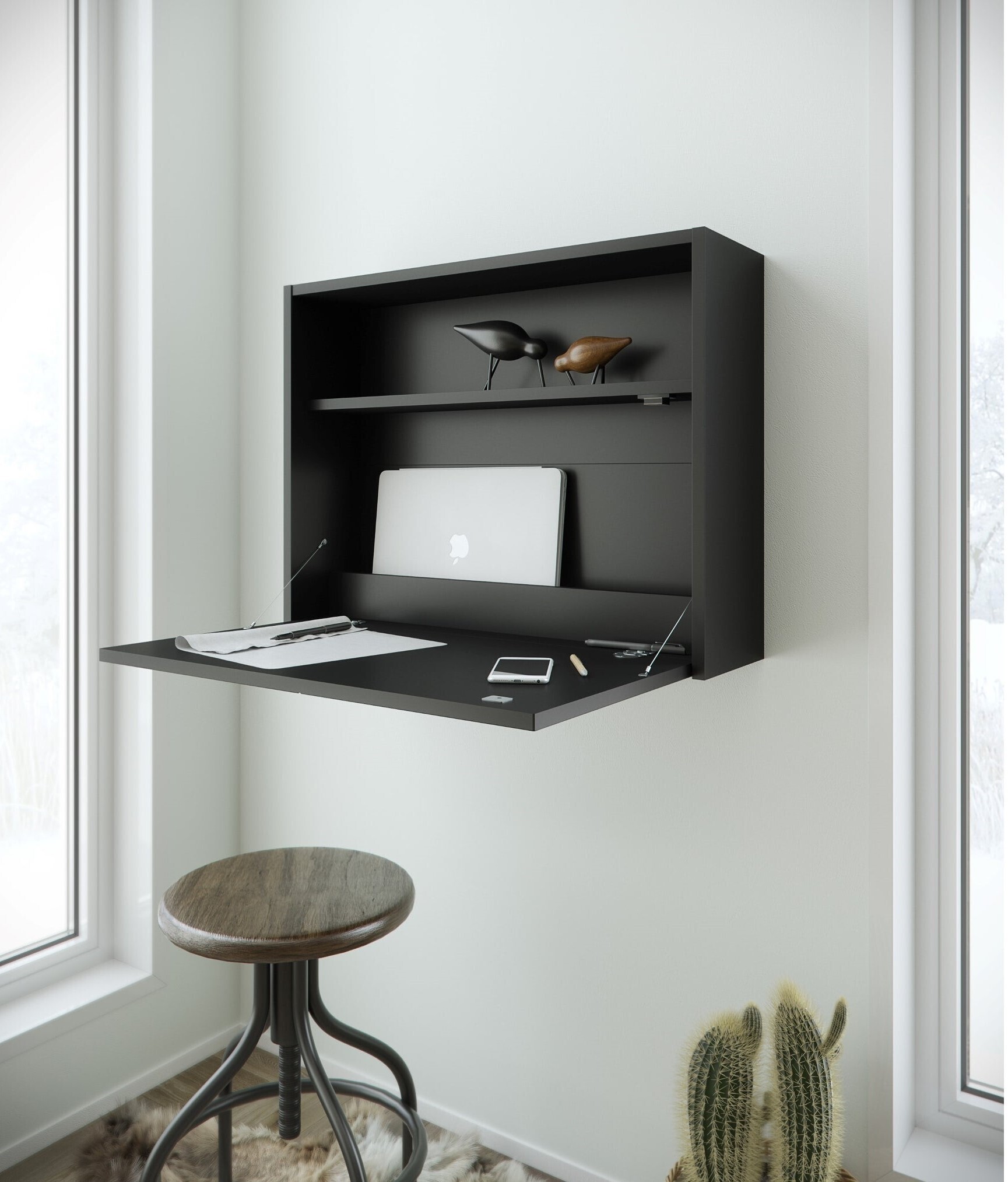 Wall mounted secretary desk with hutch