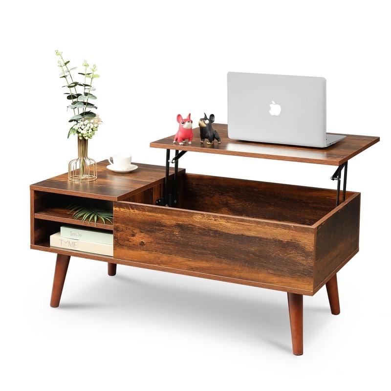 Warm Mid century Lift Top Convertible Coffee Table With Storage