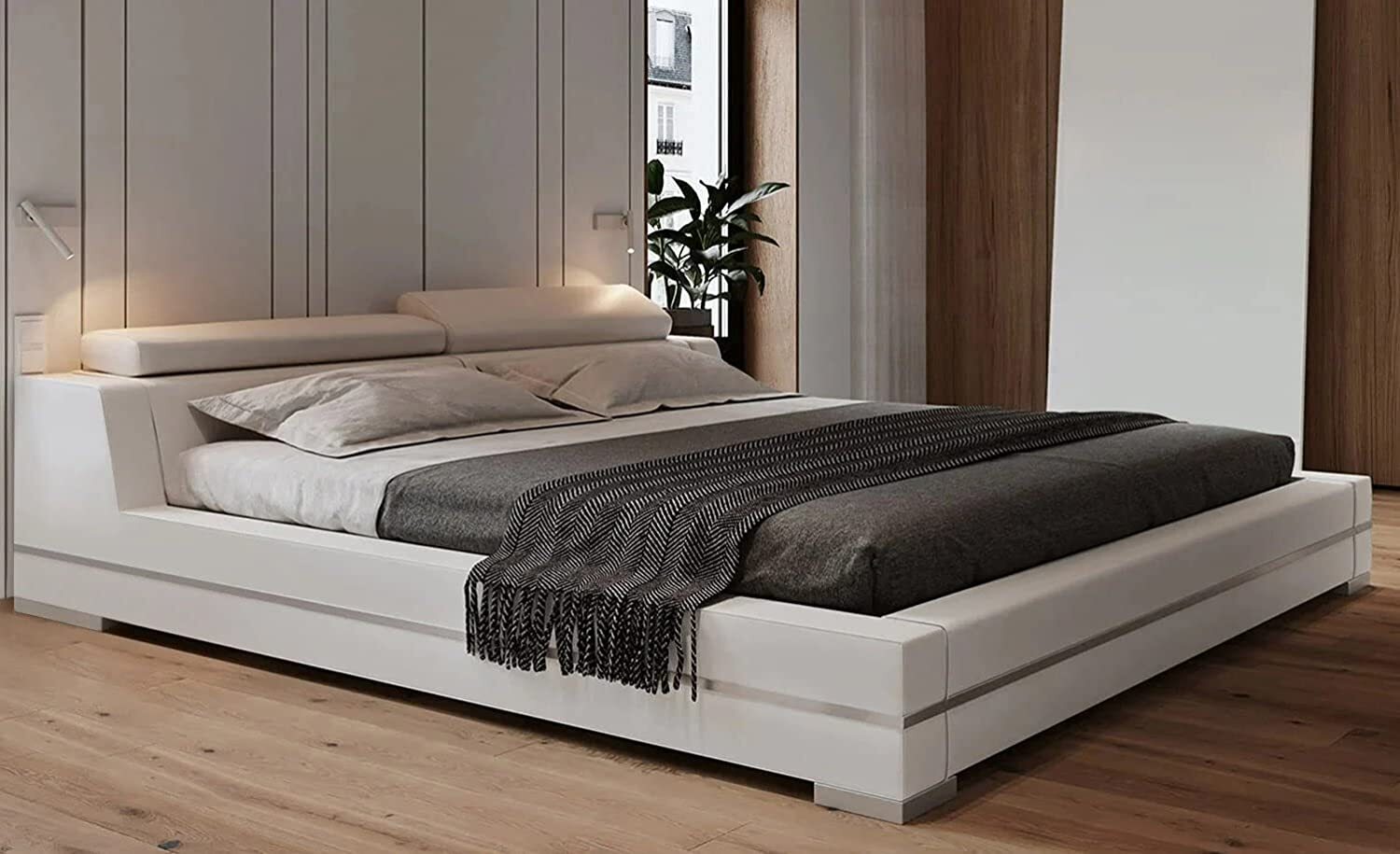 White Leather Platform Bed with Adjustable Headrests