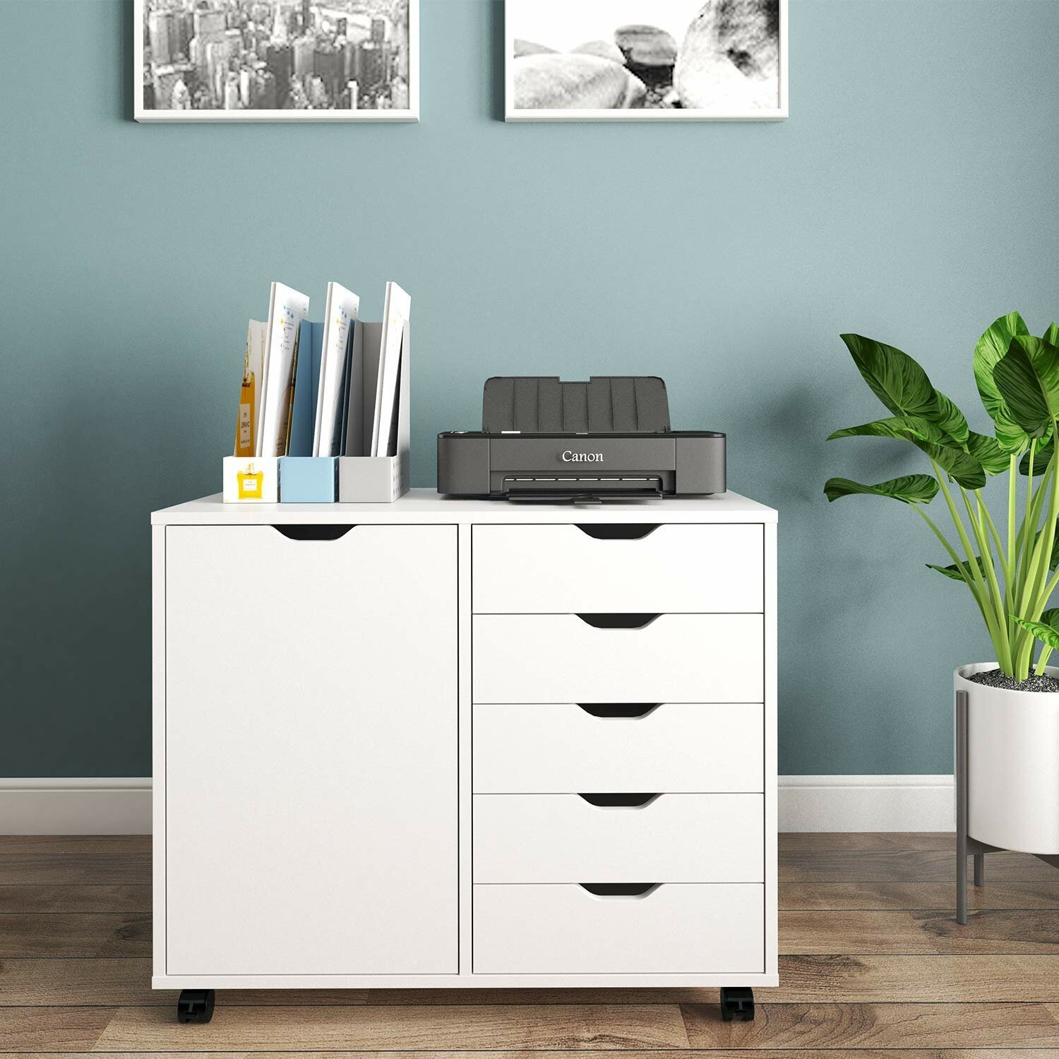 White Printer Cabinet With Door and Drawers