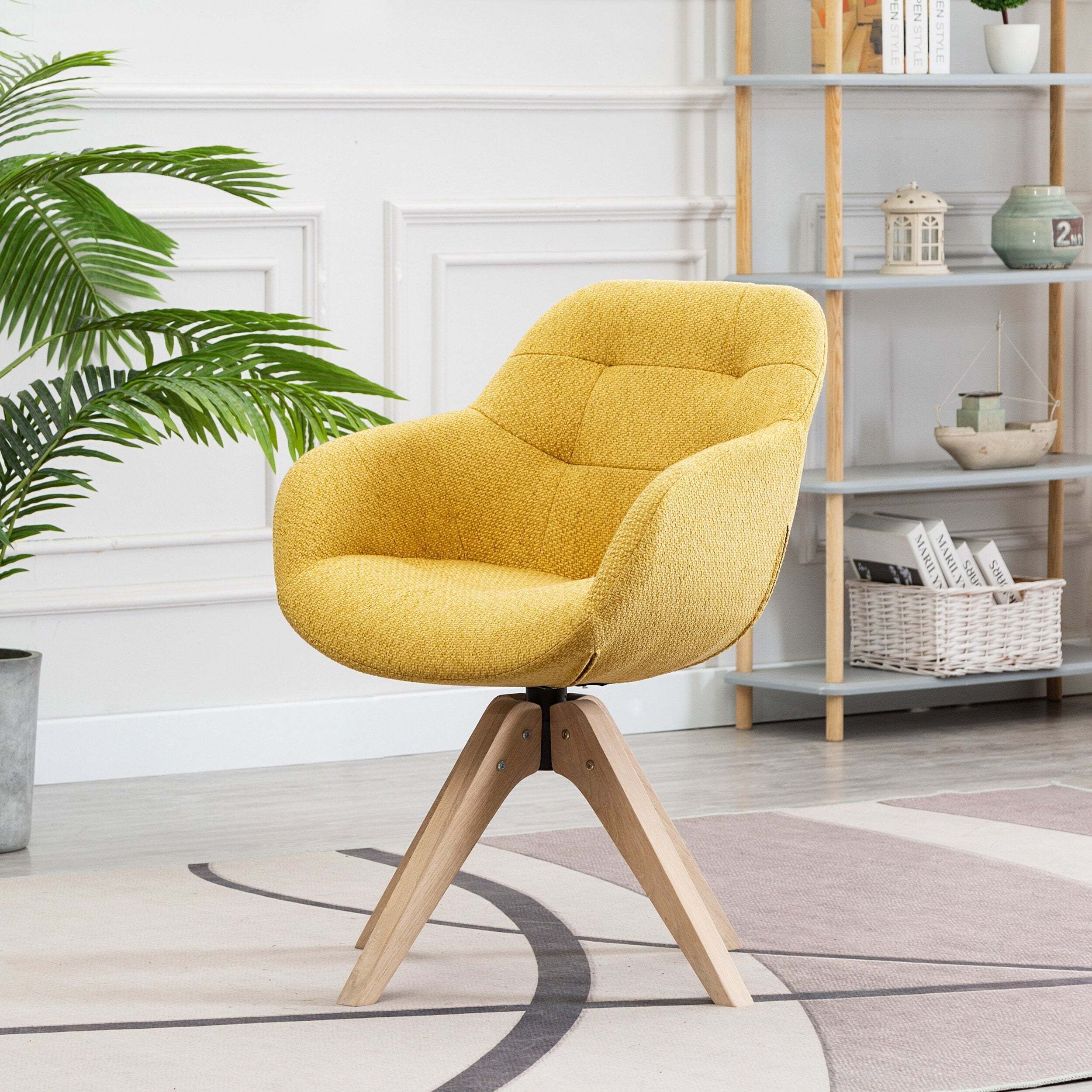 Wood and Fabric Accent Swivel Dining Chairs With Arms