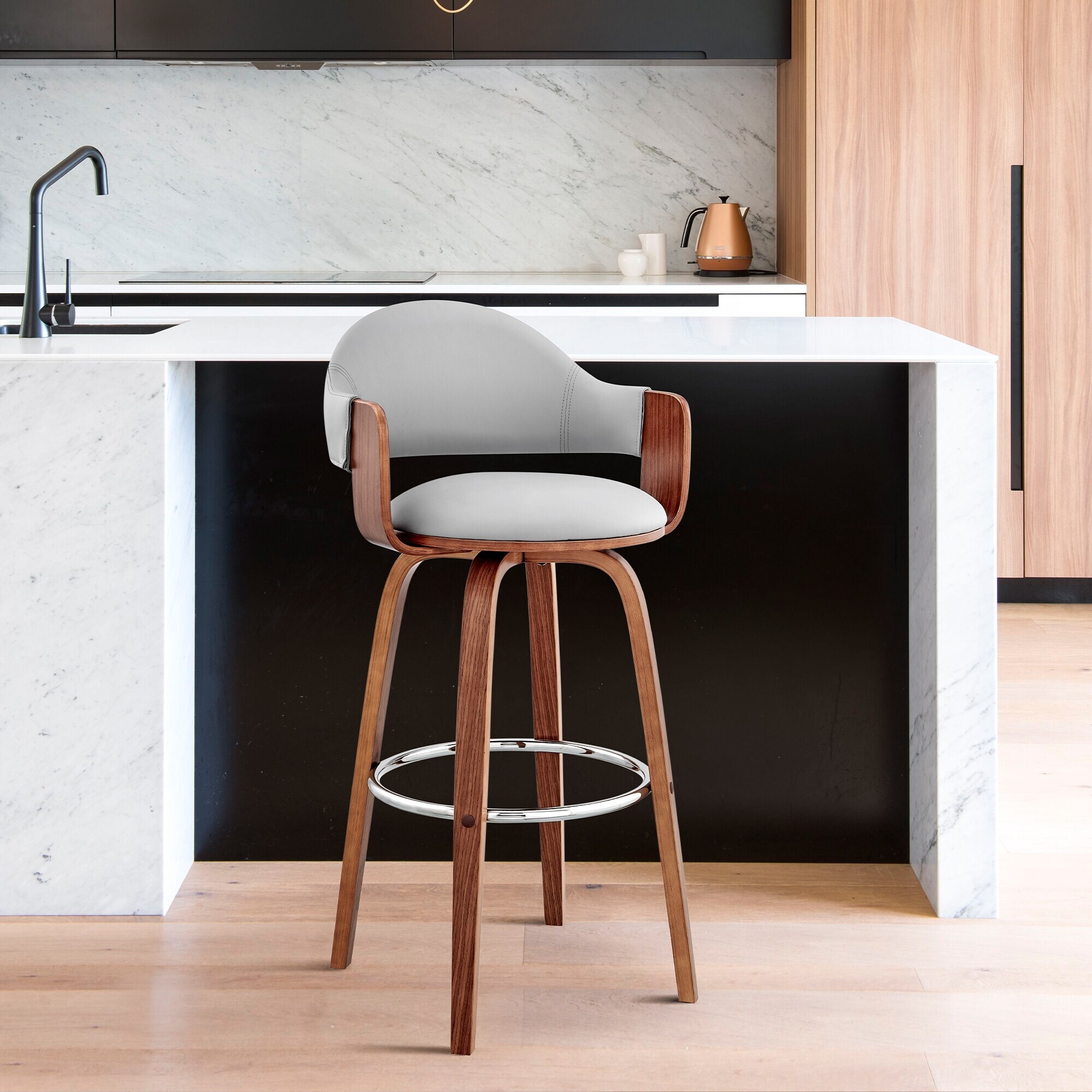Wood and Leather Swivel Counter Stool With Arms