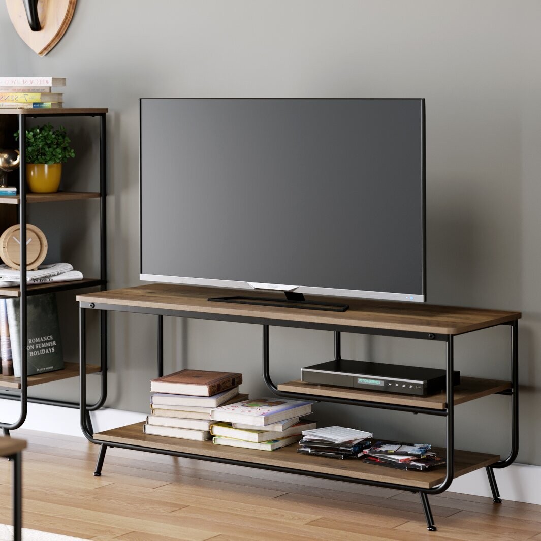 Wood and wire shelf on a low media console