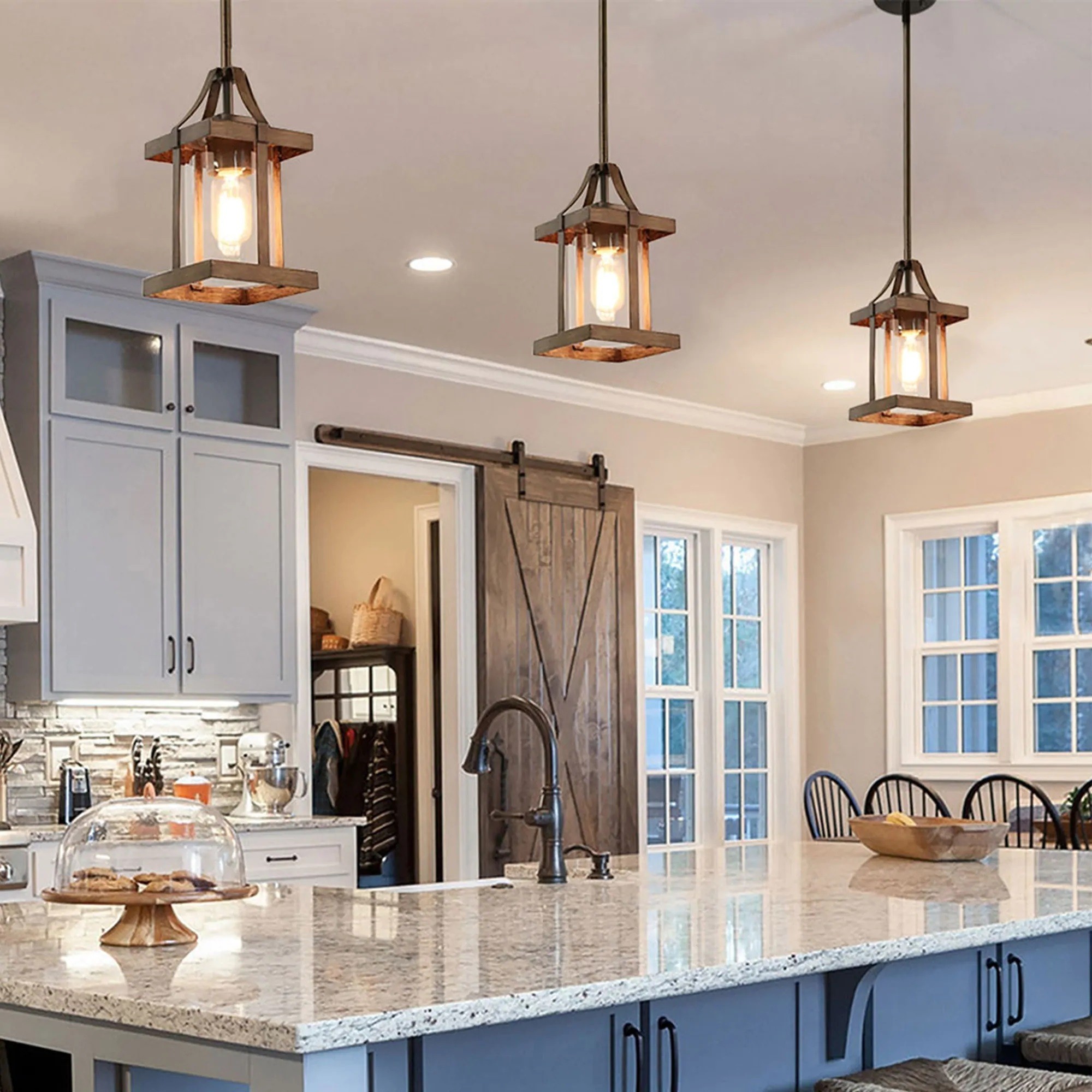 Wooden Lantern Pendant Lights Over Islands