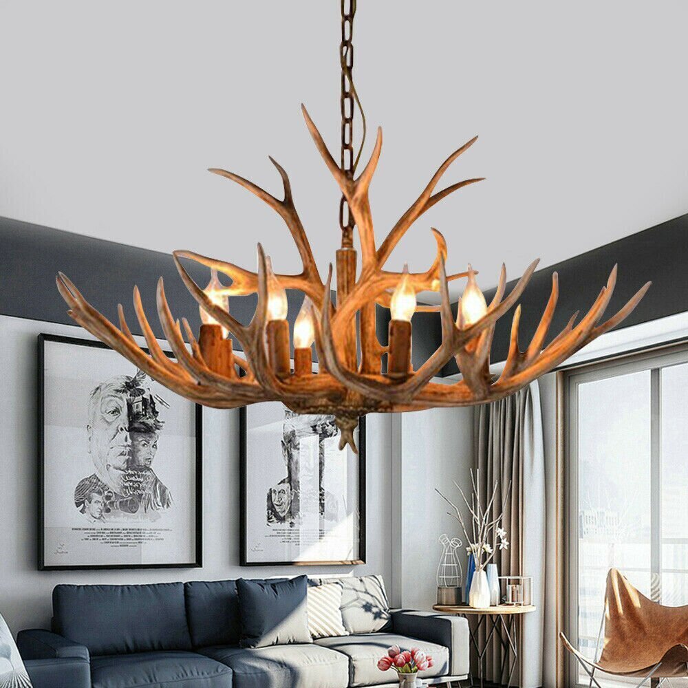 6 Heads Rustic Vintage Resin Antler Candelabra Chandelier 