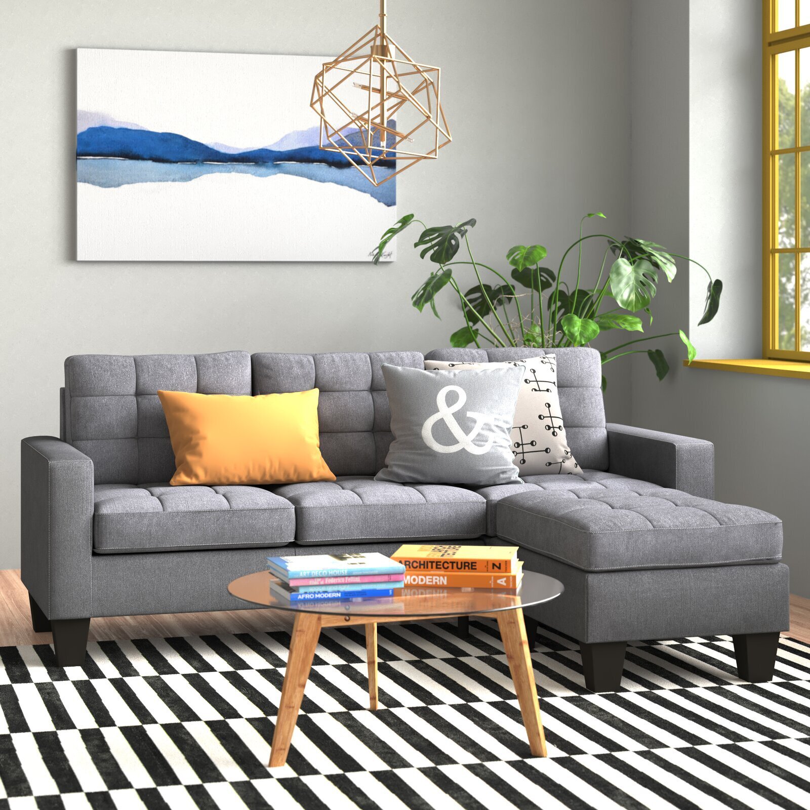 81” Wide Linen Reversible Sofa & Chaise with Ottoman