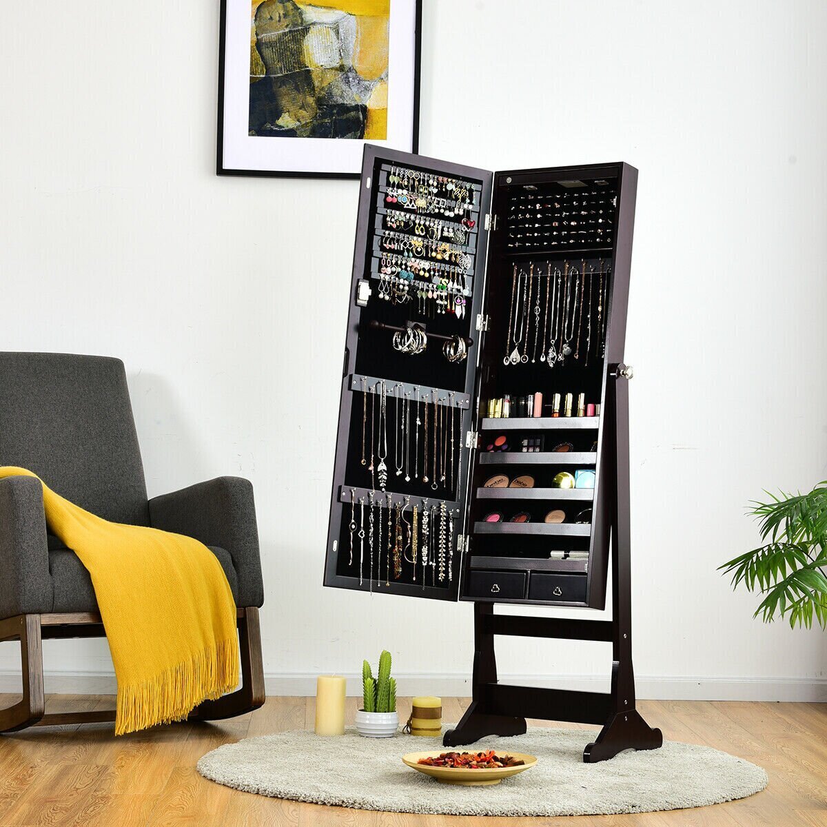 Adjustable Black Floor Mirror Jewelry Storage 