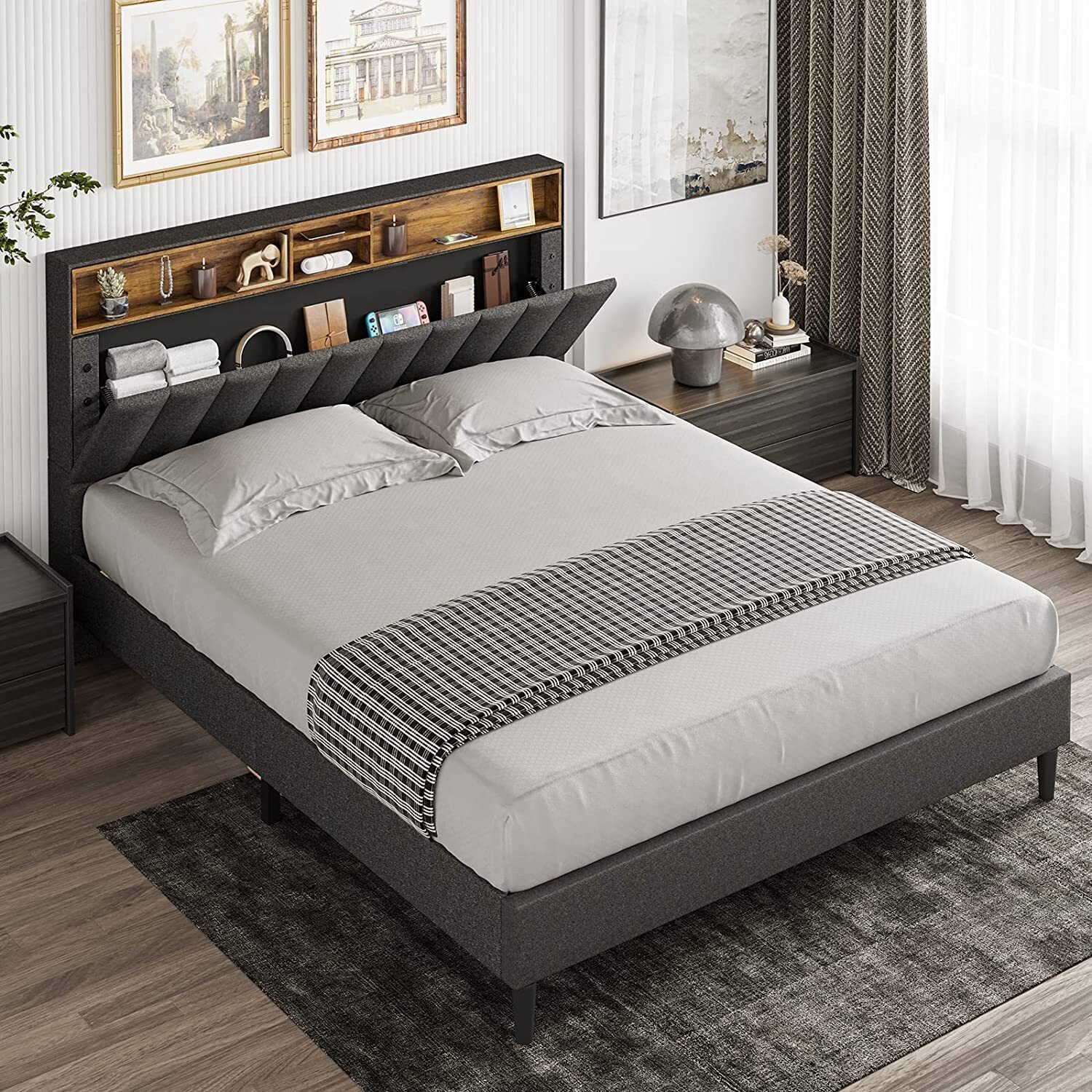 An upholstered headboard that tilts out 