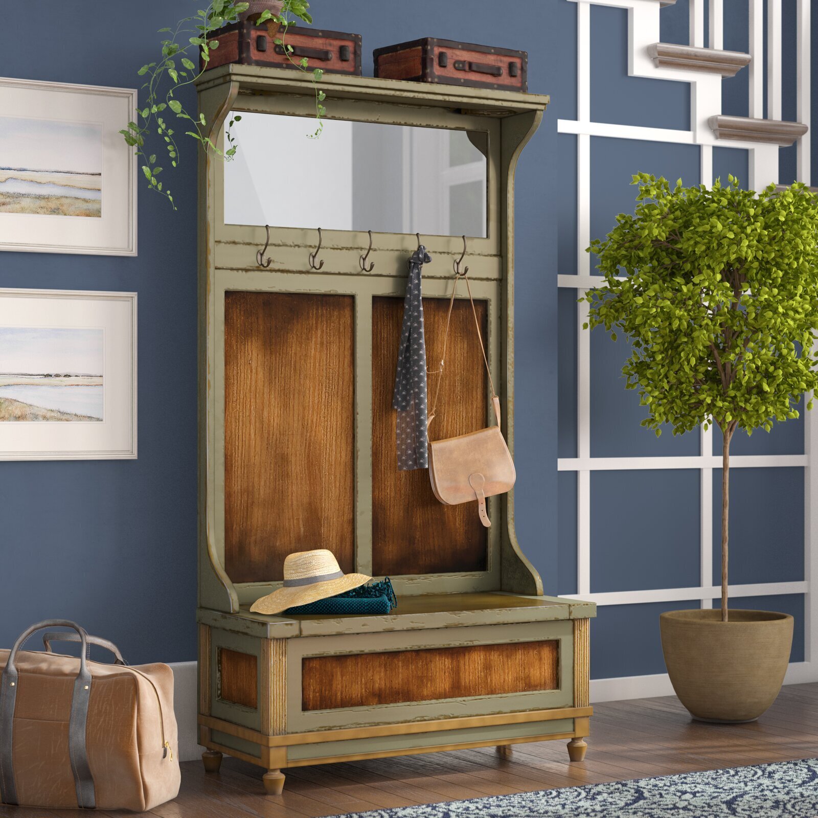 Antique Hall Tree with Mirror and Lift top Bench