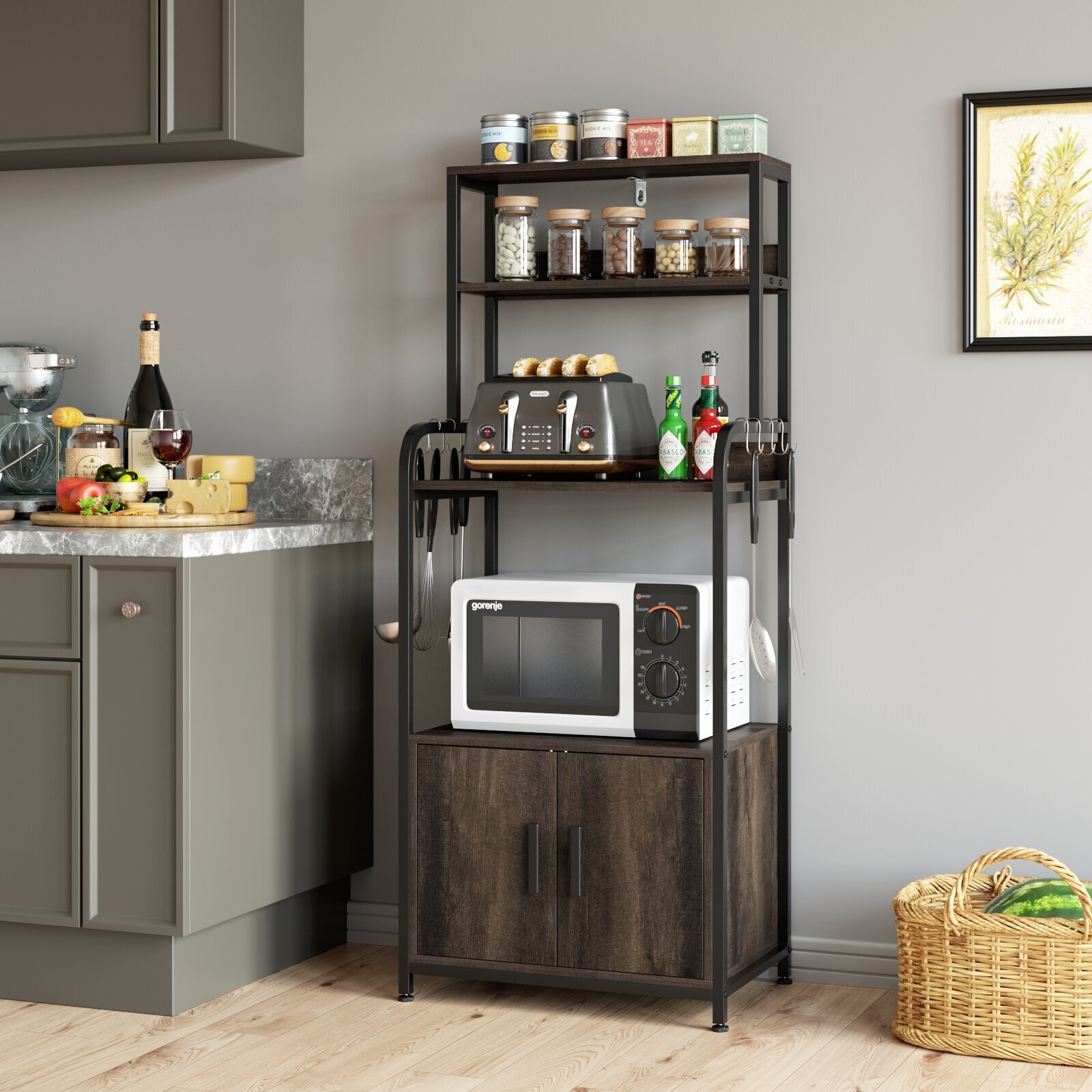Bakers rack with cupboards