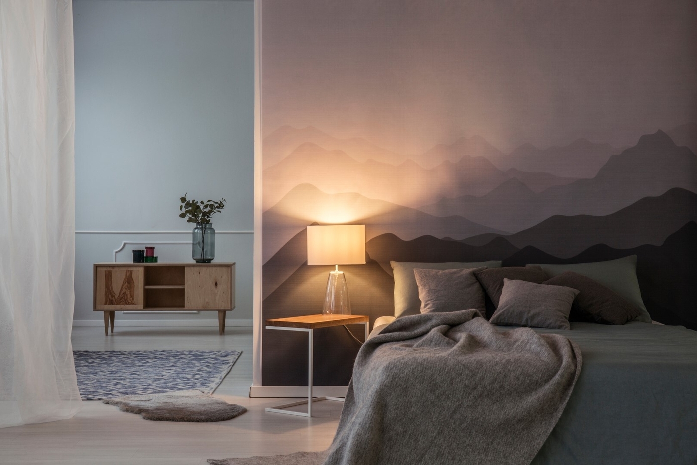 Bedroom at night with light