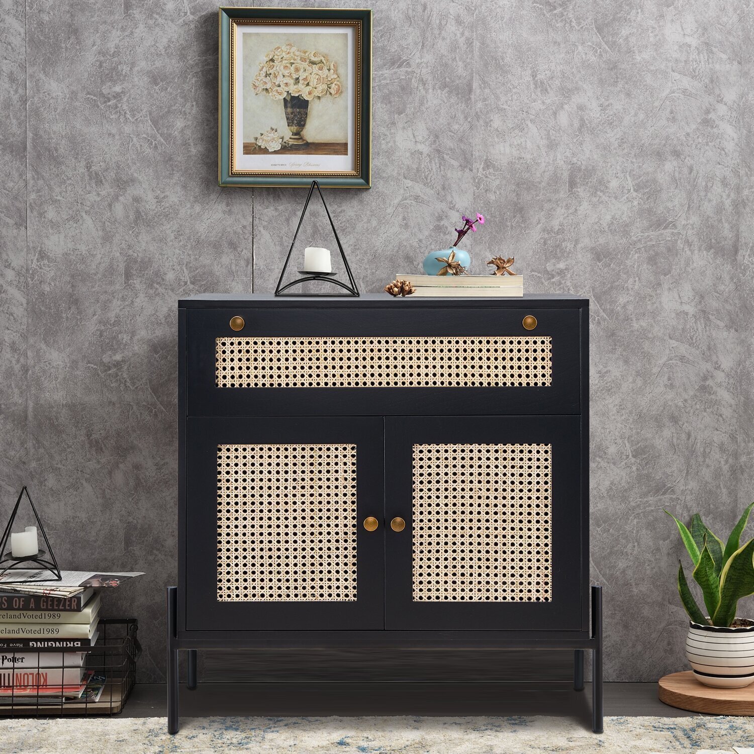 Black and Blond Rattan Storage Cabinet