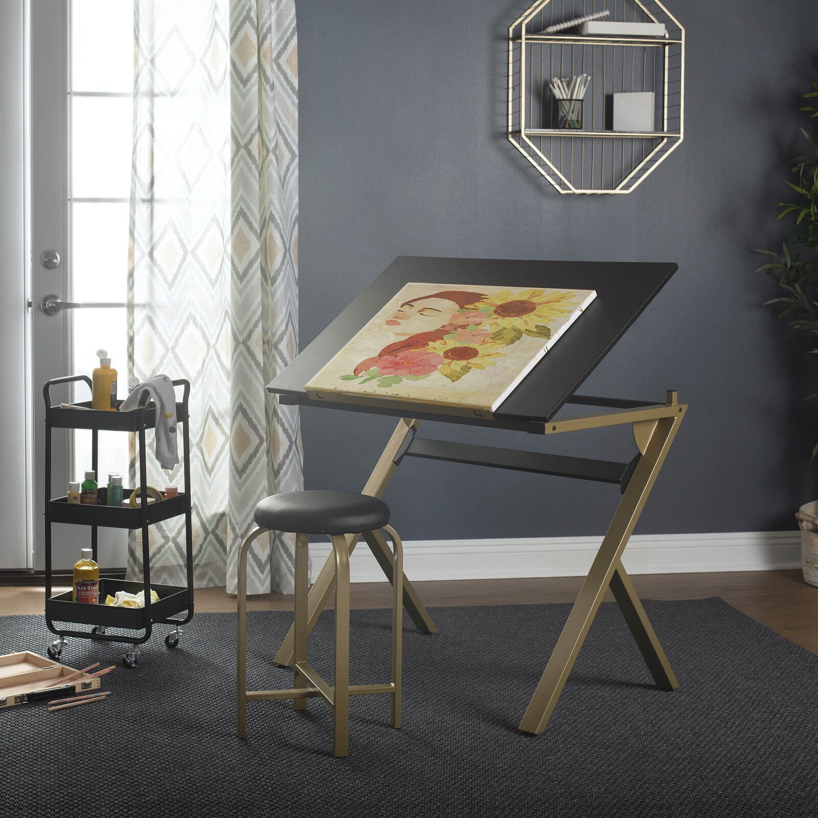 Black and Gold Industrial Drafting Table 