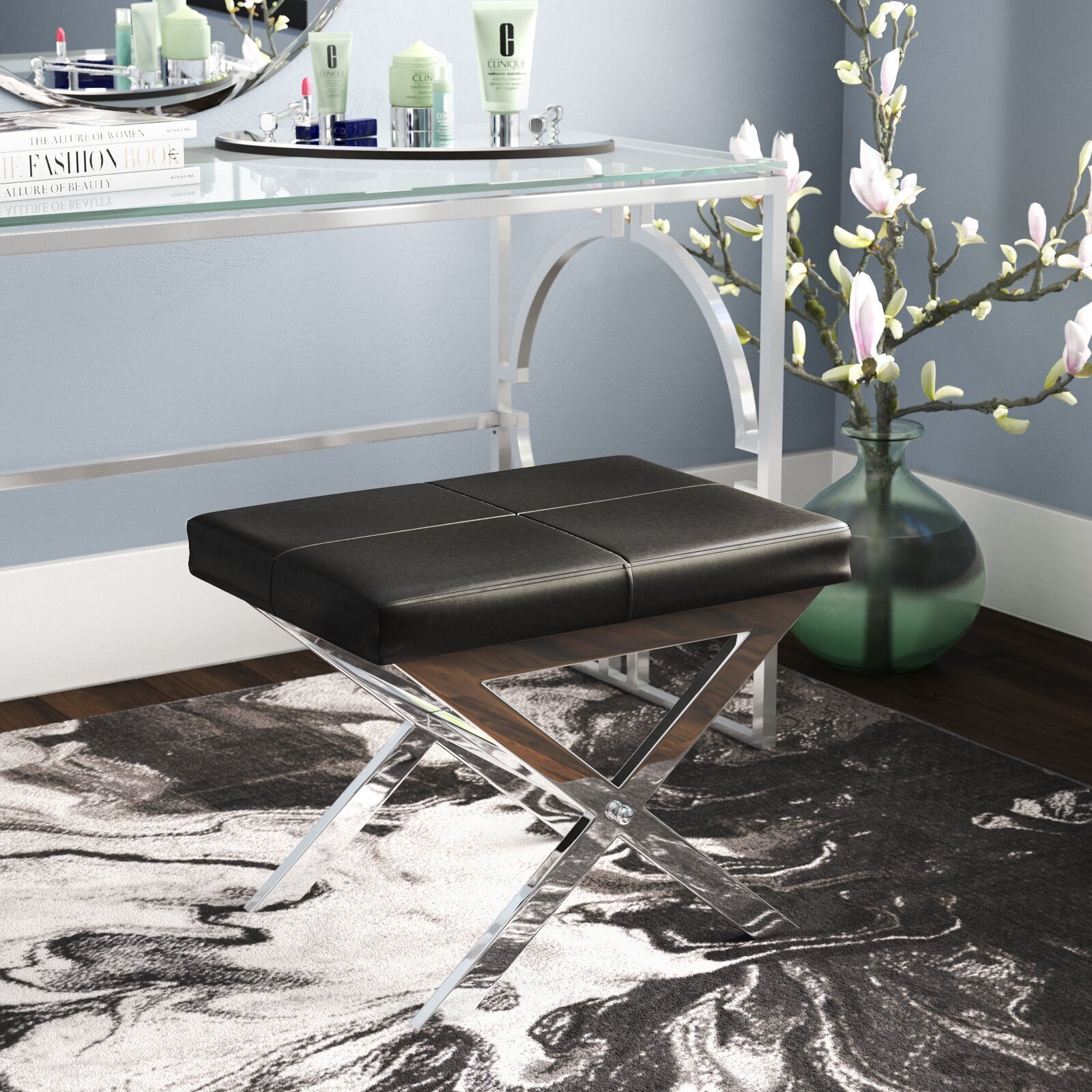 Black Faux Leather Vanity Stool 