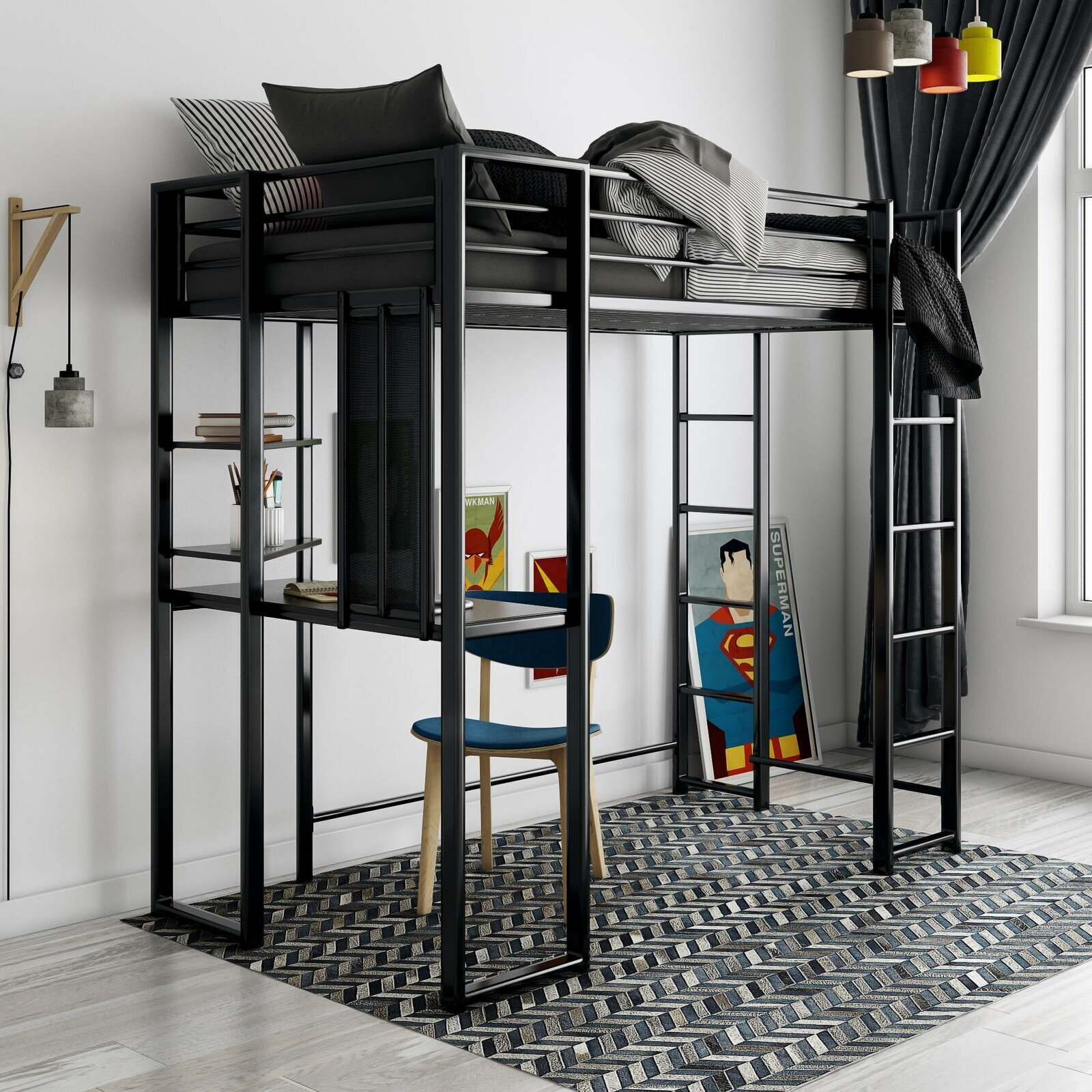 Black Framed Loft Bed With Inbuilt Bookcase 