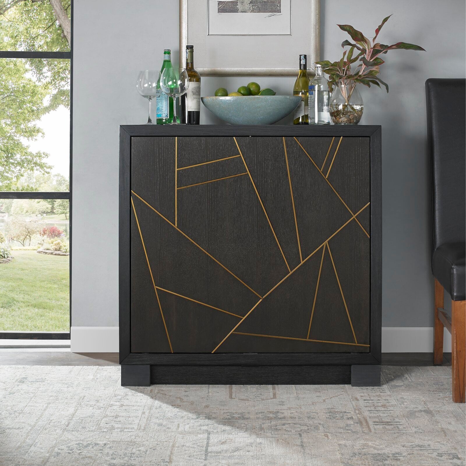 Black Liquor Cabinet With Gold Geometric Design 