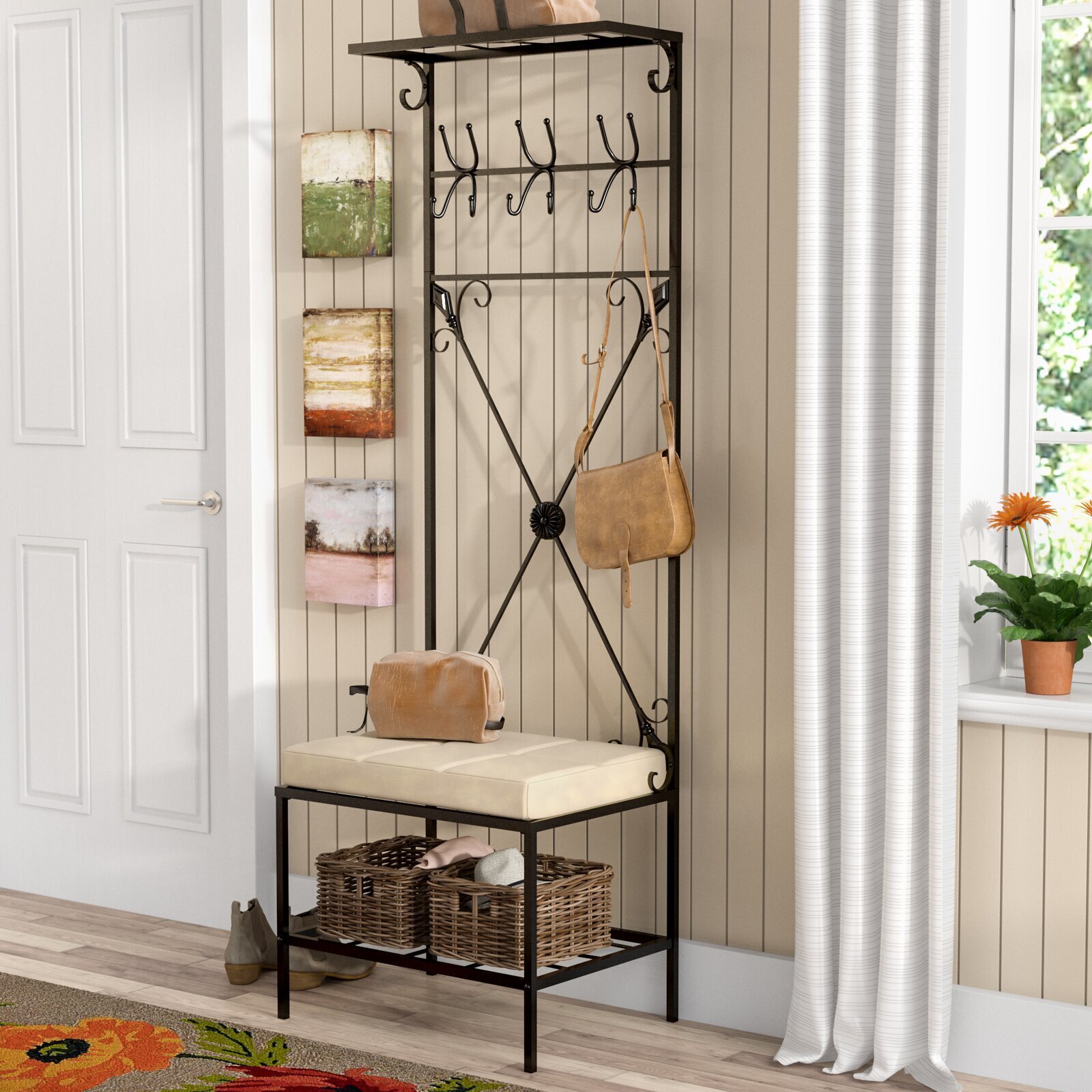 Black Wide Iron Hall Tree With Beige Cushion