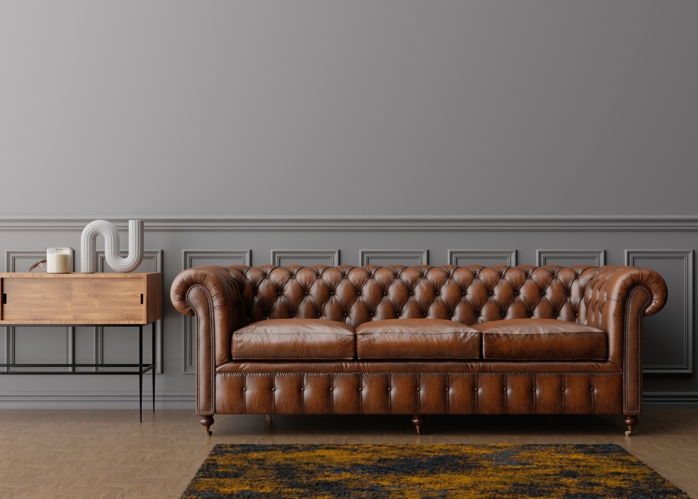 Brown sofa gray wall