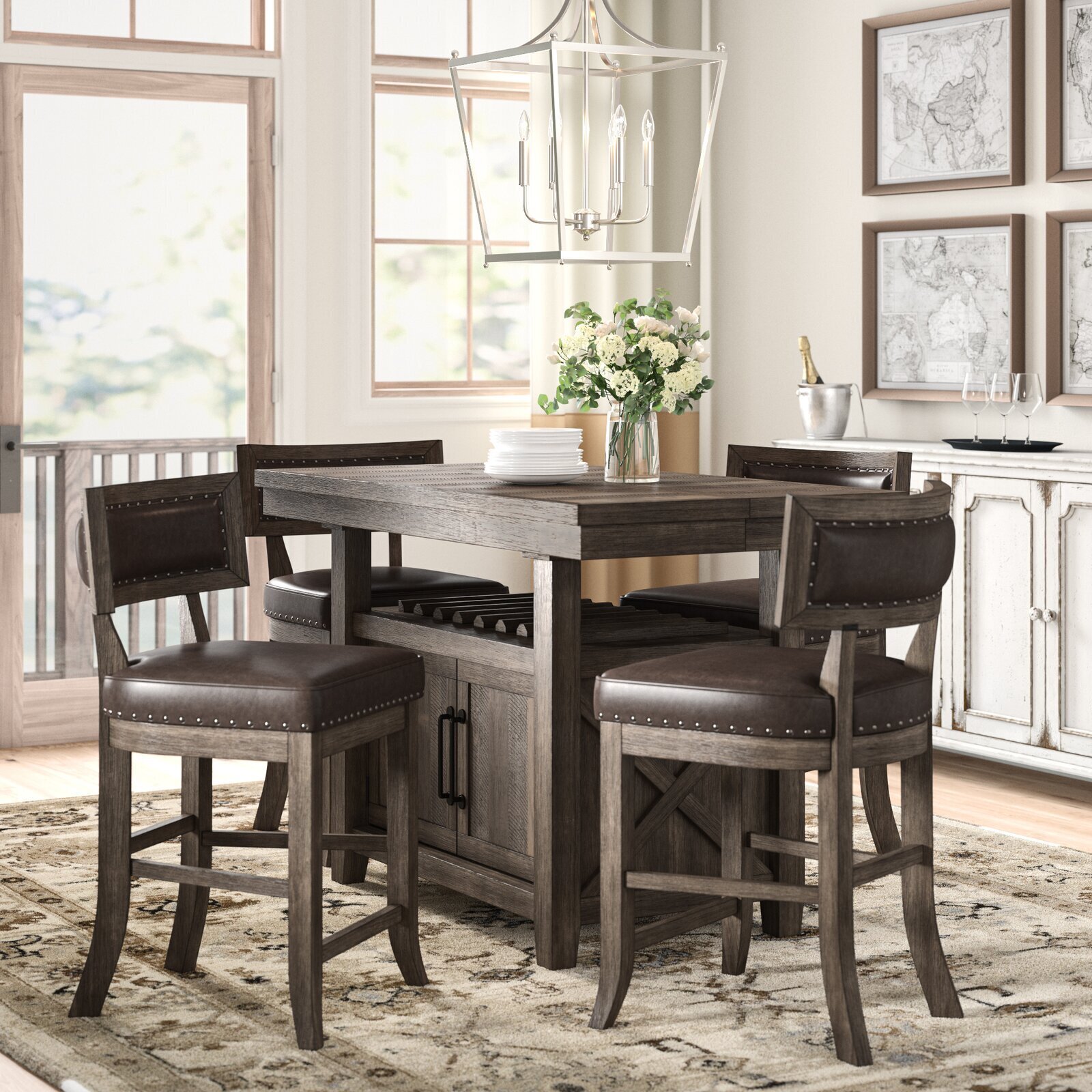 Butcher block style counter height table with butterfly leaf and storage