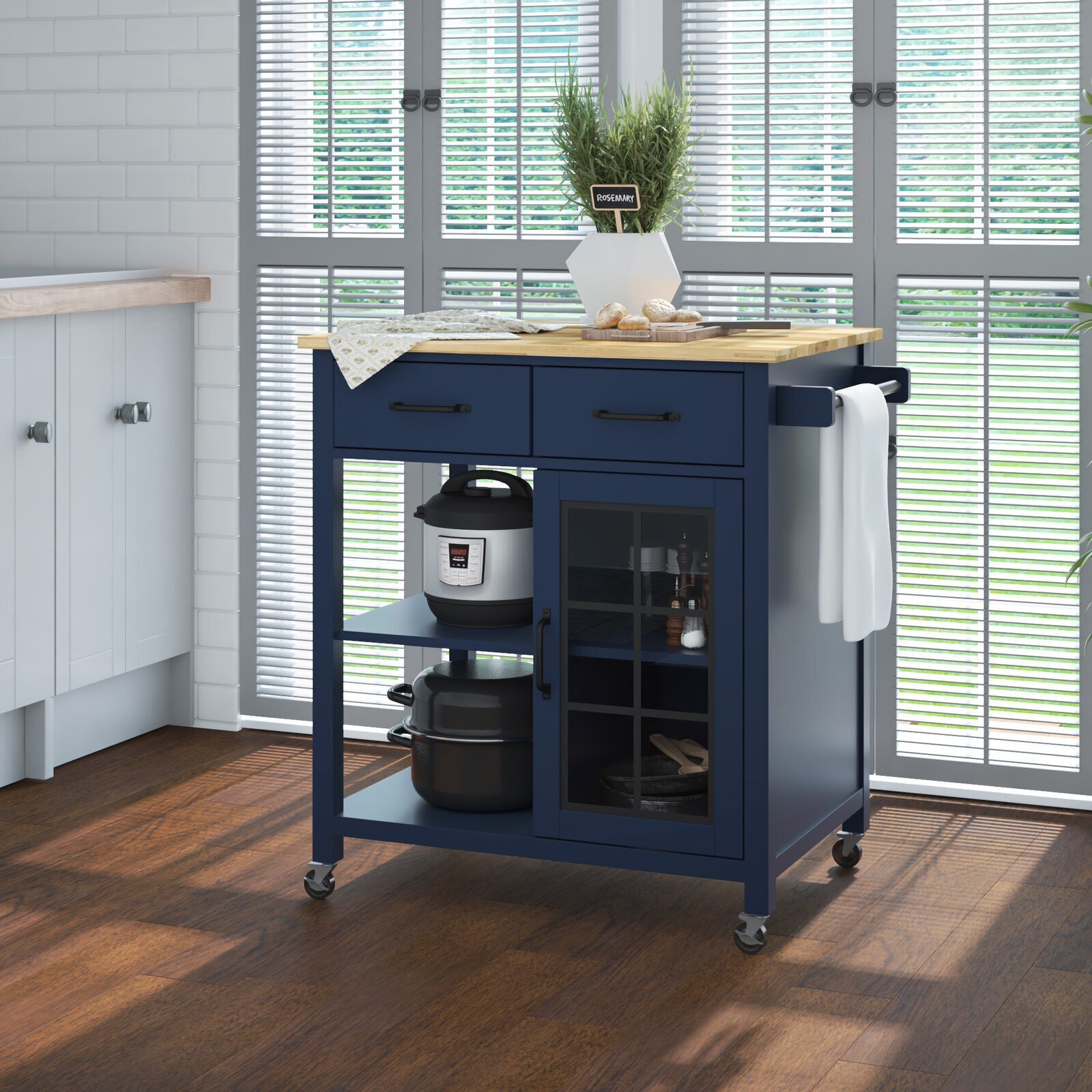 Cabinet on wheels with a mixture of storage solutions