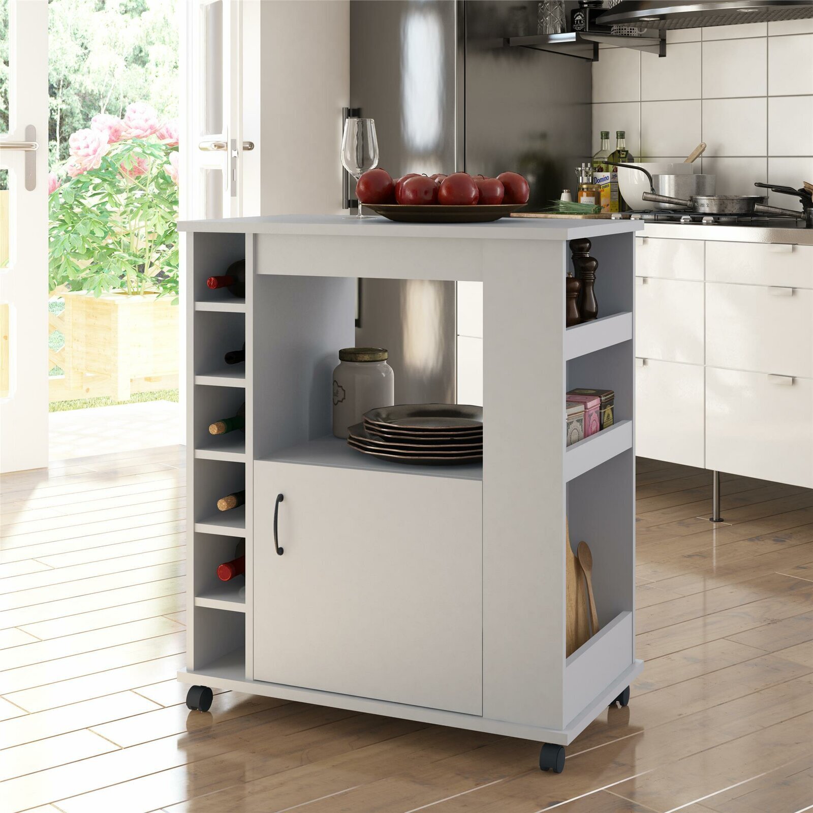 Cabinet on wheels with lots of open storage