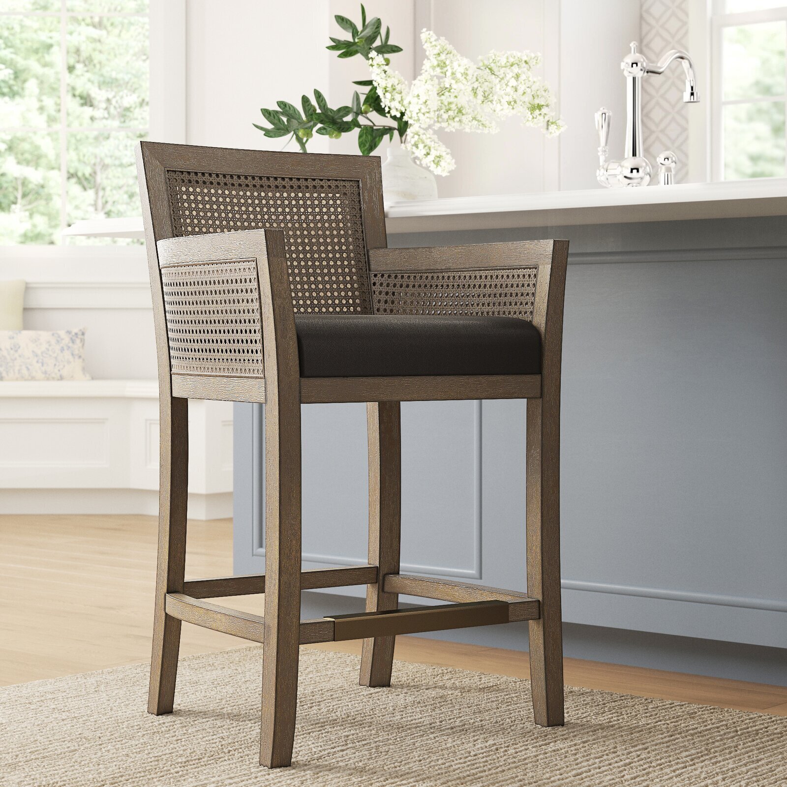 Cane Backed Square Stool with Arms