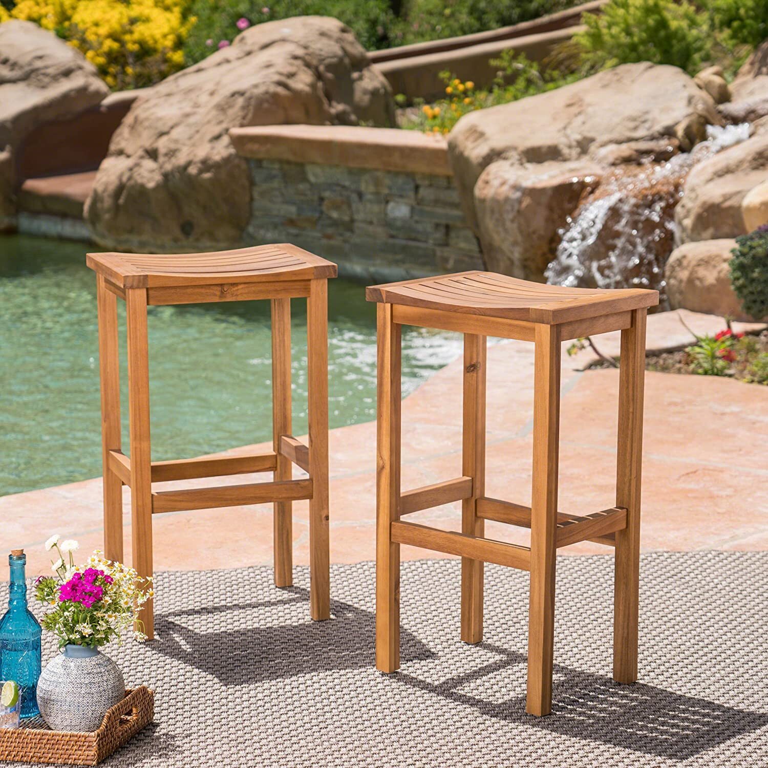 Caribbean Natural Stained Wooden Stools 2 piece