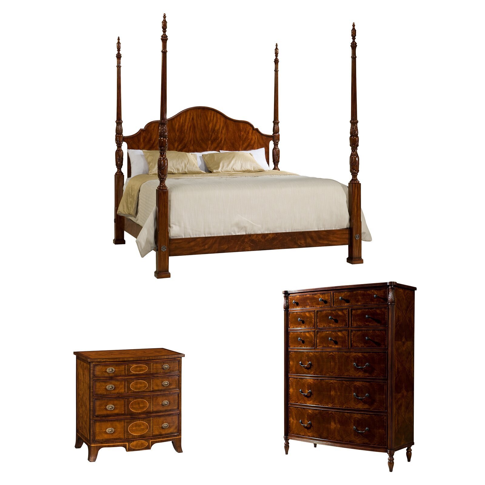 Carved Mahogany Three Piece King Size Poster Bedroom Set
